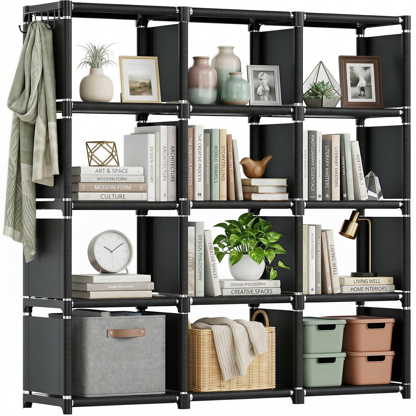 Mavivegue Book Shelf, 12 Cube Storage Organizer, DIY Bookcase, Metal Bookshelf,Tall Book case for Bedroom, Living Room,Office,Closet, Black Cubicle Rack
