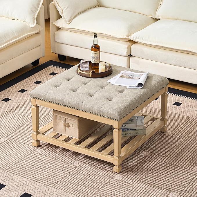 Befurtori Large Square Ottoman Coffee Table, Linen Solid Upholstered Footrest