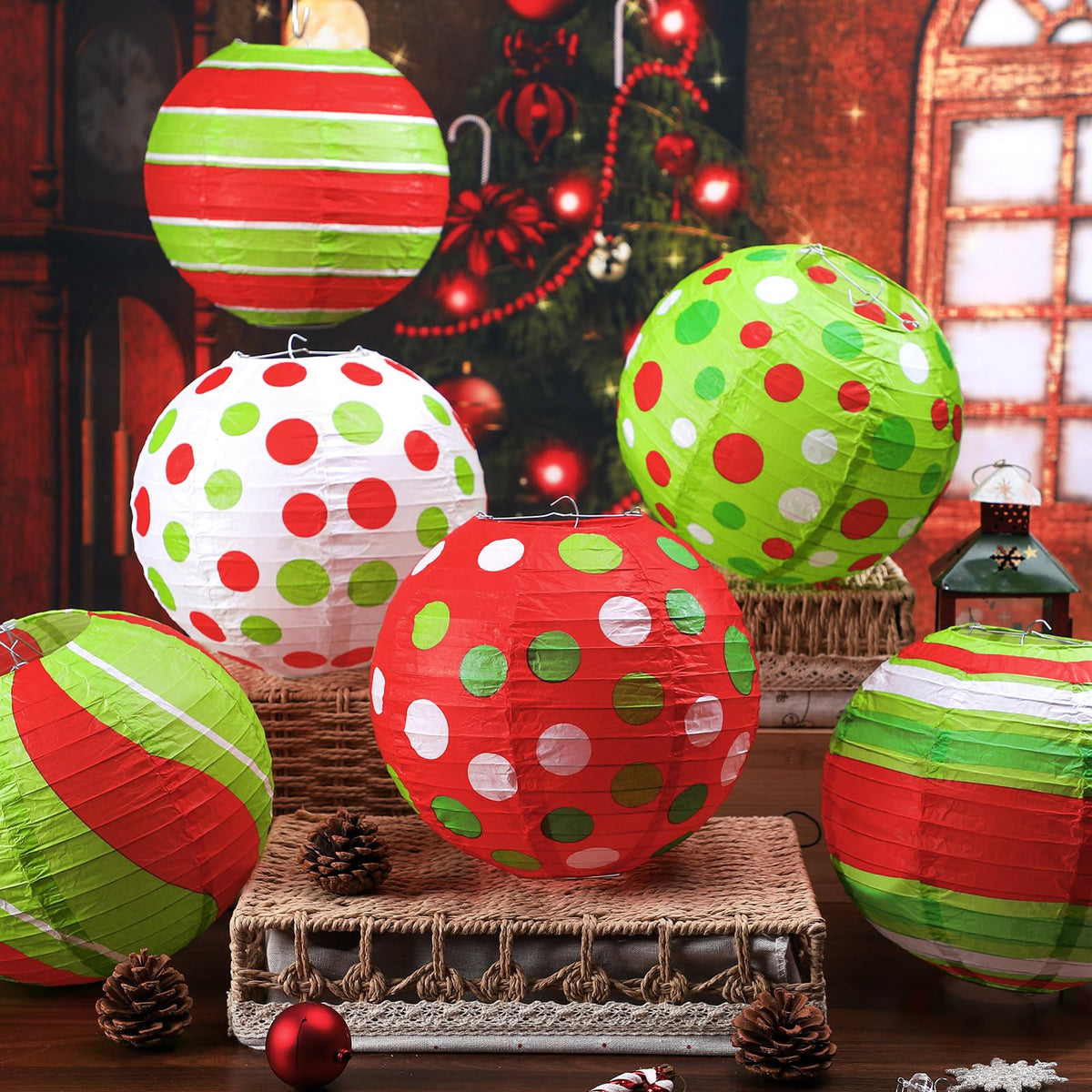Glooglitter 12 Pcs 10" Red Green Paper Lantern Christmas Party Decorations Hanging Lantern Indoor Outdoor Decorative Christmas Round Ceiling Hanging Decor for Holiday Xmas Party Baby Shower Birthday