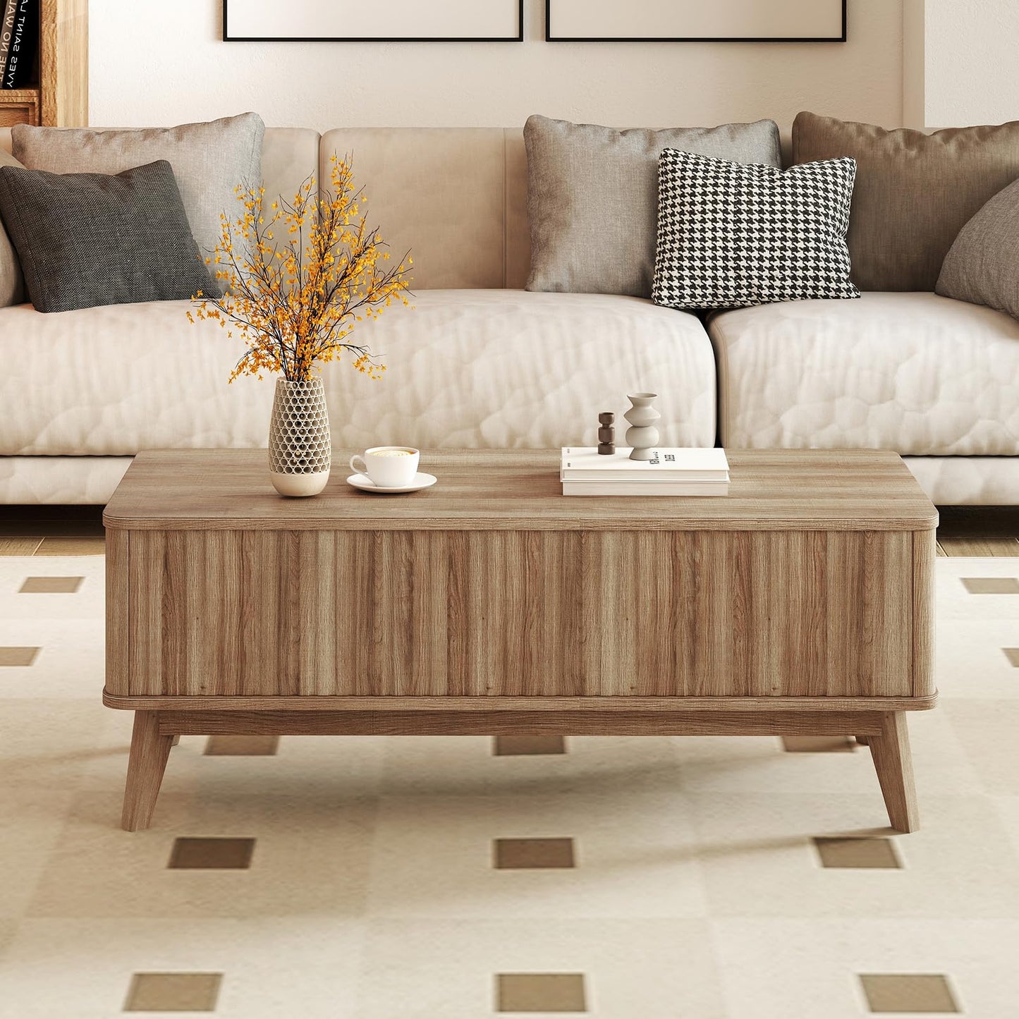 Giantex Lift Top Coffee Table with Storage, 43.5" Mid Century Modern Center Table with Solid Wood Leg & Hidden Compartment, Minimalist Fluted Living Room Table for Home Office, Oak