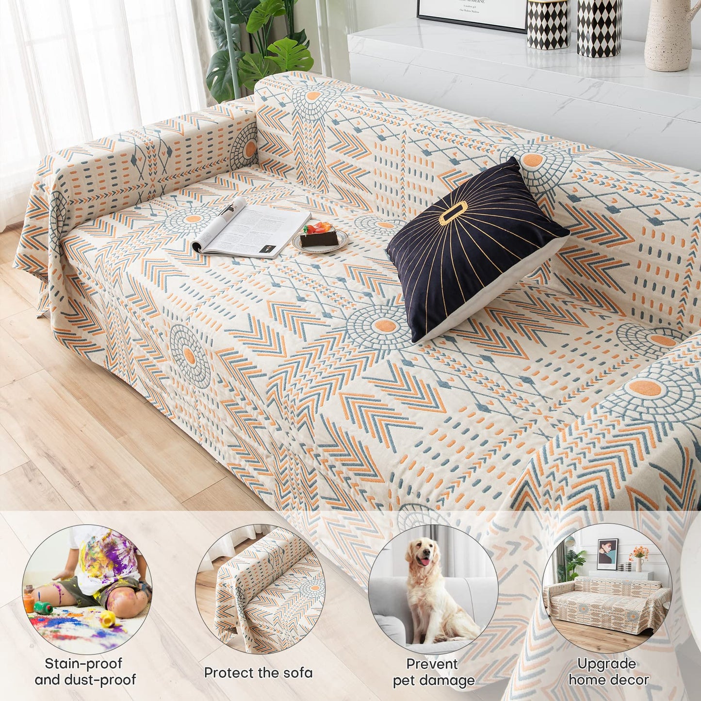 Osunnus Cotton Couch Cover Washable Boho Reversible Throw Sofa Cover Geometric Jacquard Multi-Use Furniture Protector for 2 Cushion Sectional L Shaped Sofa Bed Boho Home Decor, 79" x 102"