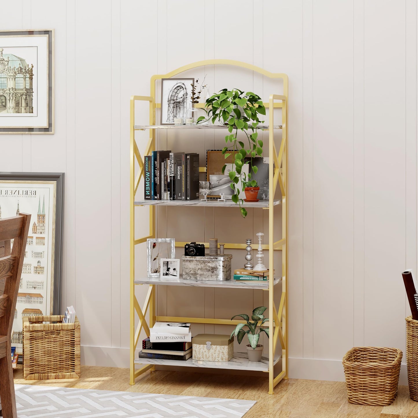 BHG Vintage Multifunctional Folding Bookshelf, No-Assembly Plant Stand Storage Rack Shelves for Home Office