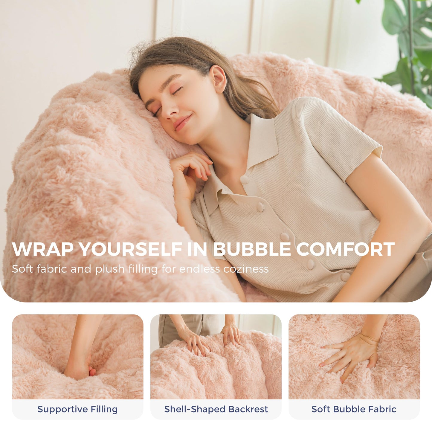 MAXYOYO Giant Bean Bag Chair for Adults, Stuffed Shell-Shaped Large Bean Bag Couch, Cozy Living Room Chair with Filler, Floor Sofa Lazy Sofa for Bedroom Living Room, Pink
