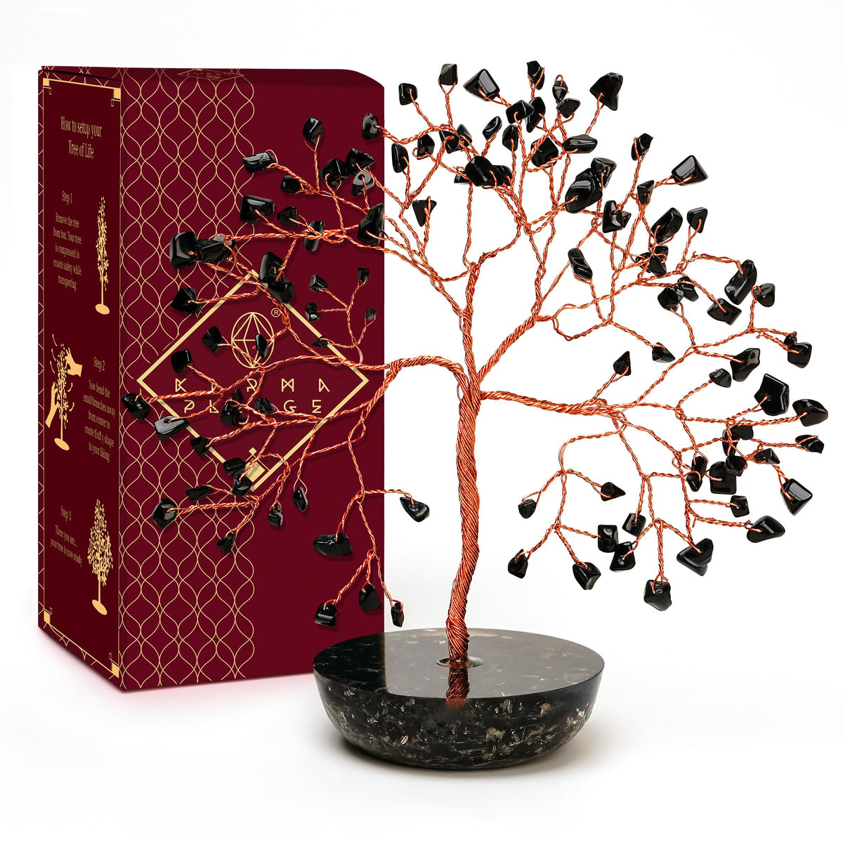 KARMAPLEDGE 7 Chakra Black Obsidian Crystal Tree of Life Positive Energy & Good Luck, Money, Feng Shui Decor, Home and Office Desk Decoration, Spiritual Gifts for Women, for Dad