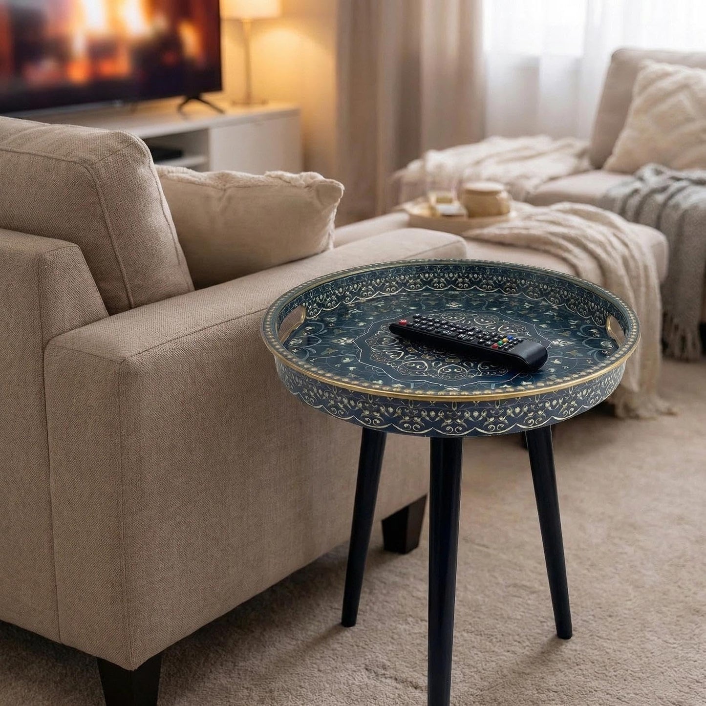 Zosenley Round Indoor Side Tables with Detachable Wooden 3 Legs, Versatile Tray Table, Perfect for Round Coffee Table Tea, and Relaxation Time 17.7 Inch (33 Blue Maze)