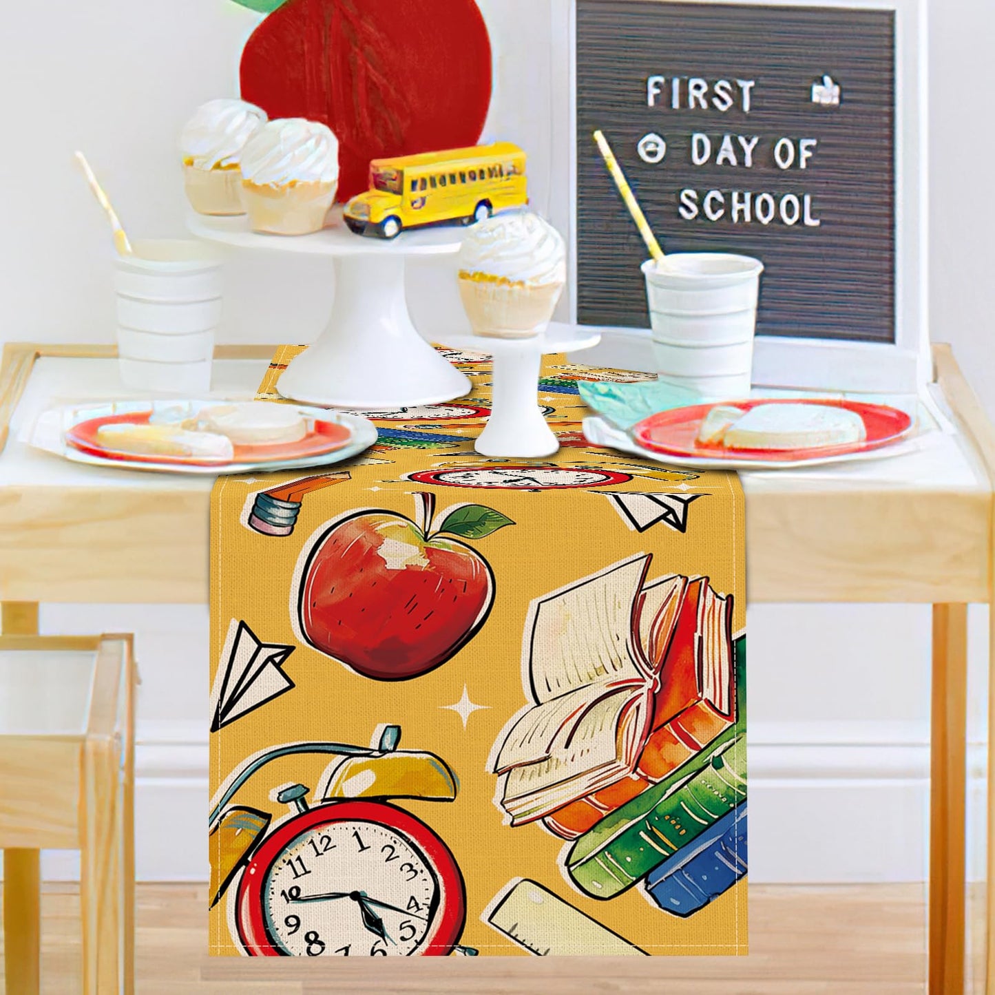 Croar Back to School Classroom Dining Table Runner, First Day of School Book Apple Clock Kindergarten Burlap Kitchen Decoration, Pencil Ruler Indoor Outdoor Home Party Decor Teacher Supply 13''x72''