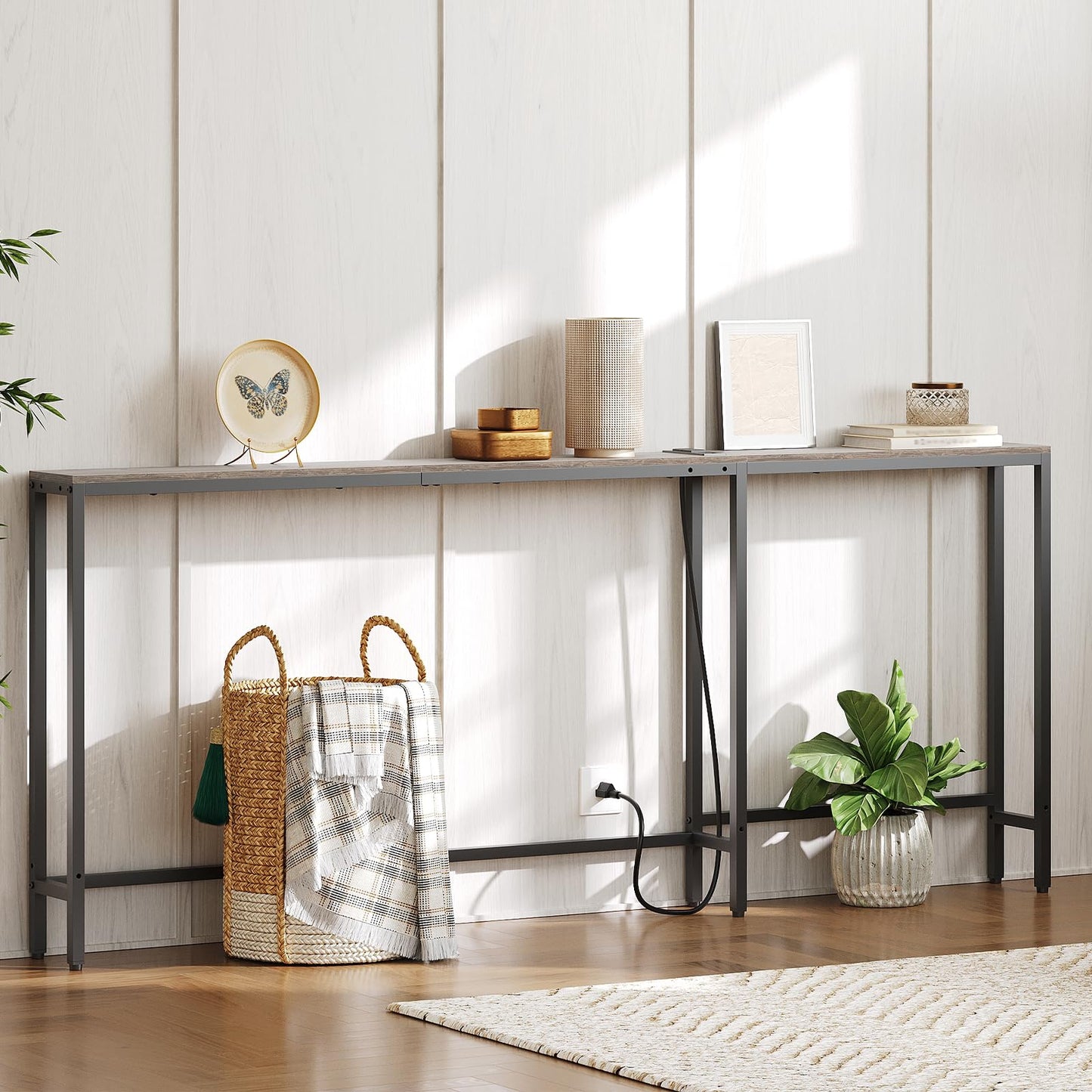 YATINEY Narrow Console Table with Outlets, 70.9" Sofa Table Narrow Long, L Shaped Behind Couch Entryway Table with Charging Station, for Living Room, Hallway, 3 Assembly Options, Greige CT07UBG