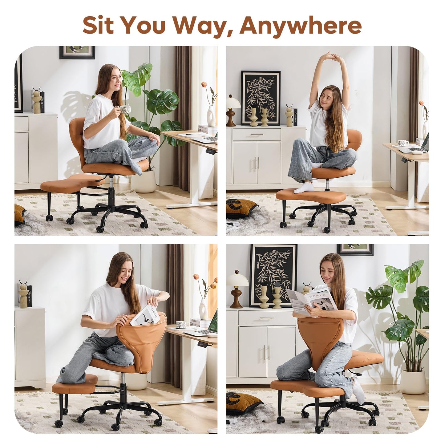 YFO Ergonomic Cross Legged Office Chair and ADHD Meditation Chair with Silent Wheels for Home Office Desk Chair and Yoga, Wider Backrest Support and Storage Pockets Design, PU Leather, Orange