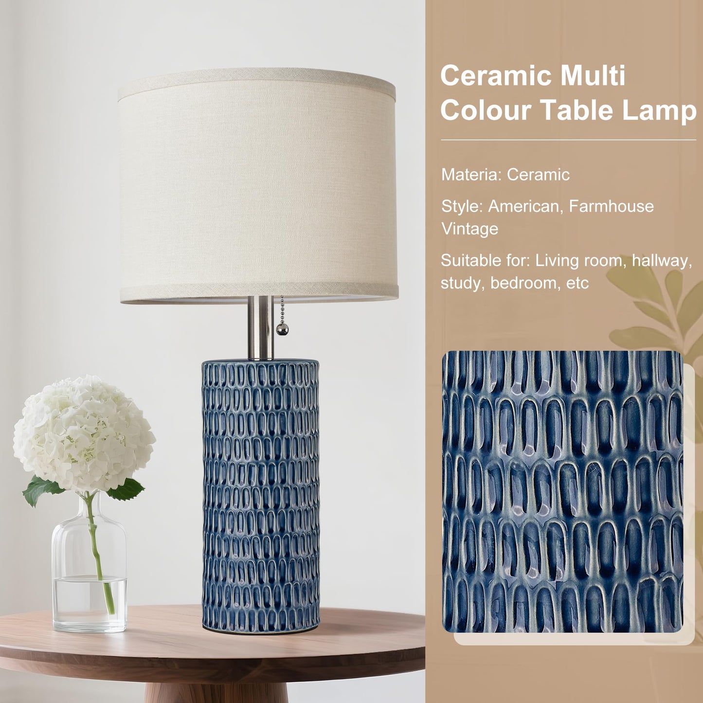 Reaketon 20.5" Modern Ceramic Table Lamps for Bedroom Set of 2, Bedside Lamps for Night Stands with Beige Lampshade, Farmhouse Table Lamp for Living Room Office Dorm, Blue