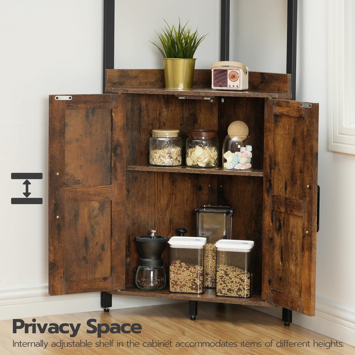 HOOBRO Corner Shelf with Storage, Tall Corner Cabinet, 5-Tier Bookshelf Stand, Storage Cabinet with Protective Fence, for Living Room, Rustic Brown and Black BF78CJ01