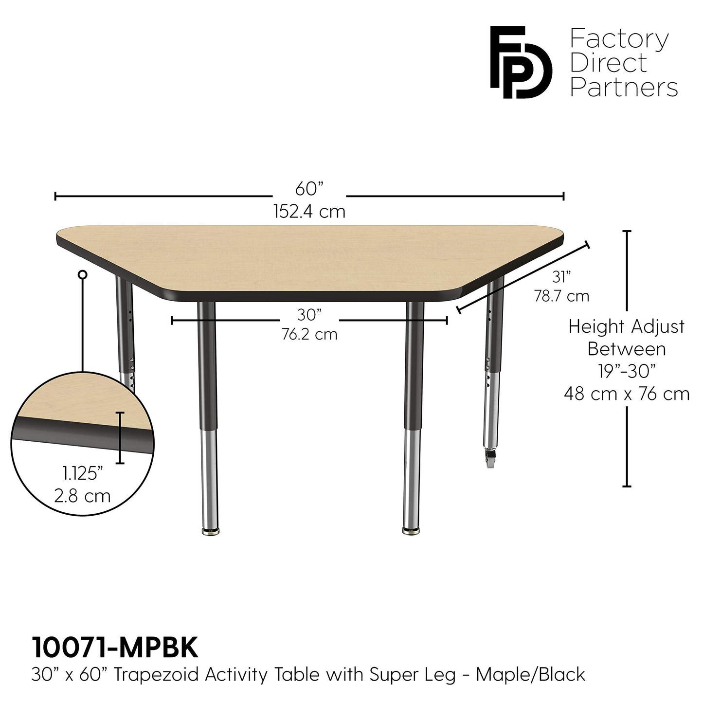 FDP Mobile Trapezoid Activity School and Office Table (30 x 60 inch), Super Legs with Glides and Casters for Collaborative Environments, Adjustable Height 19-30 inches - Maple Top and Black Edge