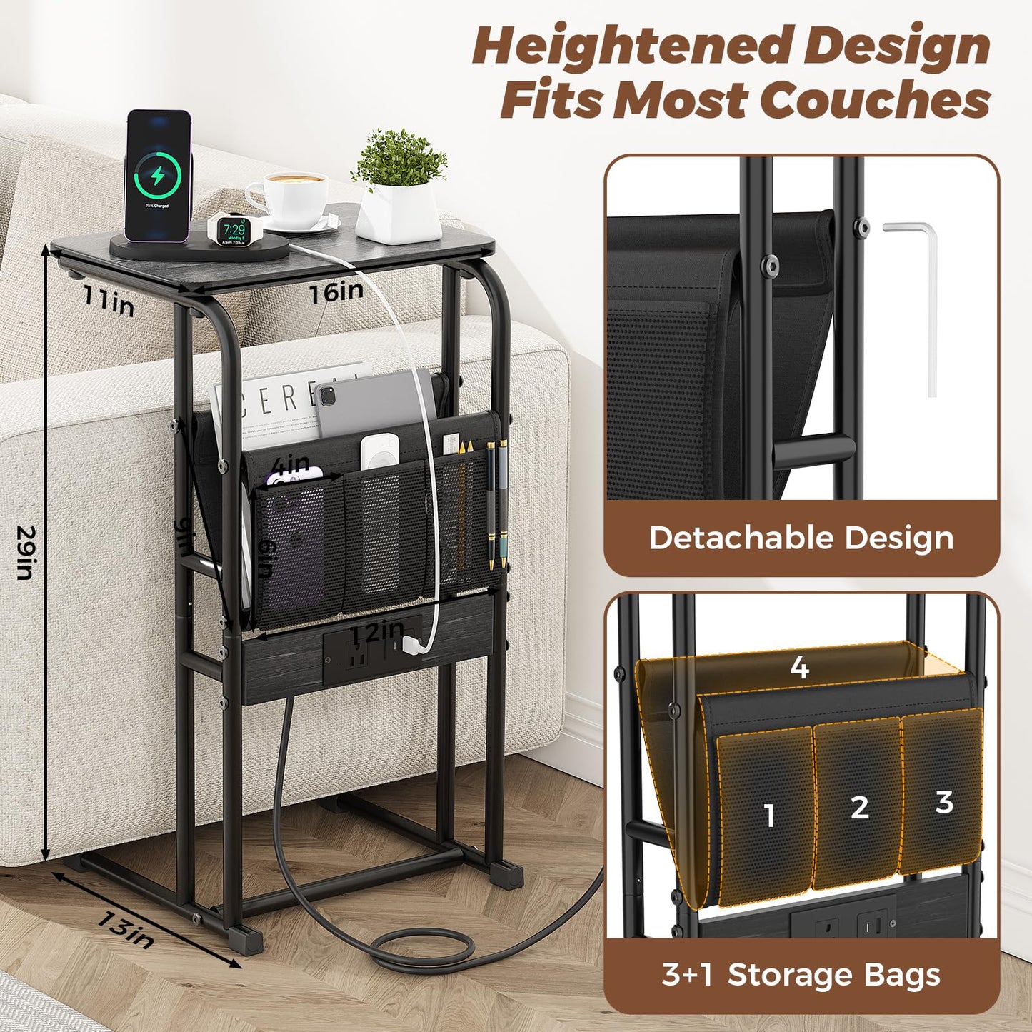 Olldide C-Shaped End Table with Charging Station and Storage Bag, Slide Under Couch Sofa Side Table, Metal Frame for Living Room, Bedroom, Small Space (Black)