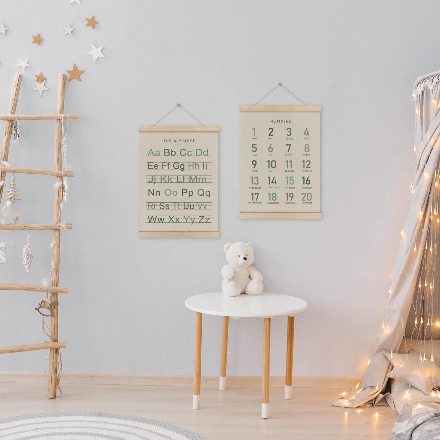 HRQKO Alphabet Numbers Poster Hanger Frame Set of 2, Nursery Wall Decor, Boho ABC Poster Wall Art with Wooden Frames, Sage Green Alphabet Banner Wall Hanging Decor for Toddler Playroom, 12x16 Inch