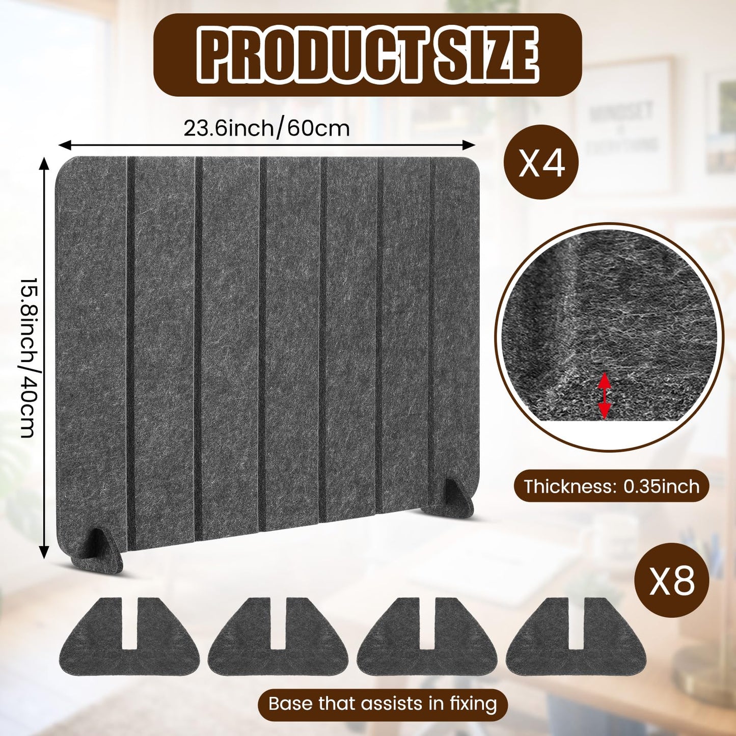 Poola Voidra 4 Pack Felt Desk Privacy Panels, 16 x 24 Inches Sound Absorbing Desktop Divider with 8 Stable Bases Foldable Office Partition for Home & Office, Grey Acoustic Desk Divider