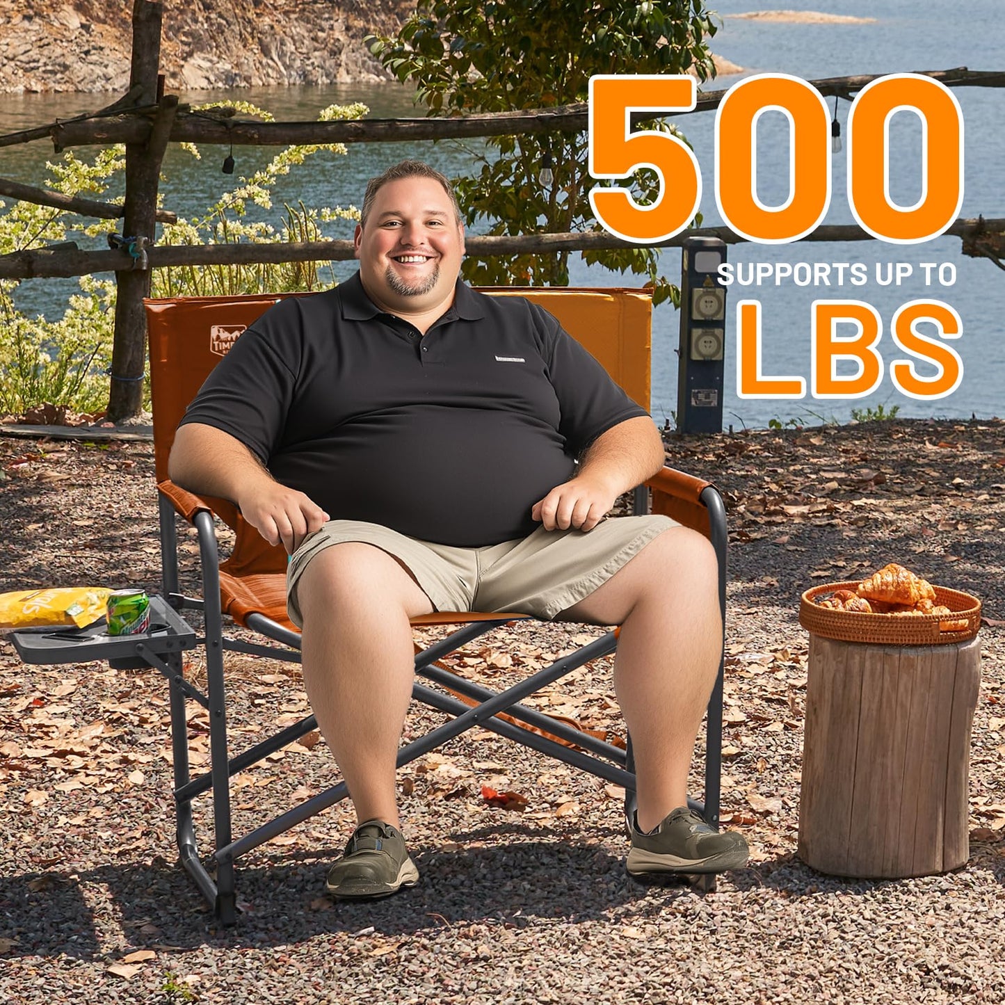 TIMBER RIDGE XXL Director’s Chair – Heavy Duty Folding Chair with Side Table, 500 lb Capacity, Extra Wide Padded Seat for Camping, Sports, Beach, Patio, and Outdoor Use, Orange-2 Pack