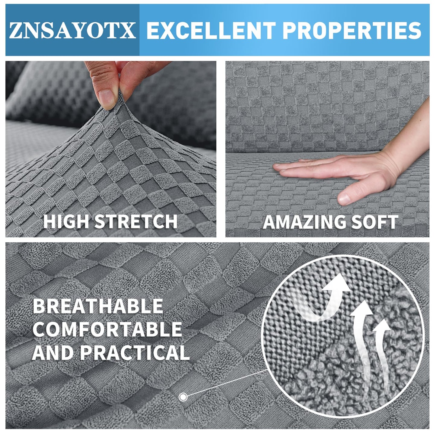 ZNSAYOTX Sectional Couch Covers, Stretch Jacquard Slipcovers with Elastic Bottom for L-Shape Sectional Sofa, 2 Pcs Pet Friendly Modular Sofa Protector (3 Seat Couch + 3 Seat Chaise, Light Grey)
