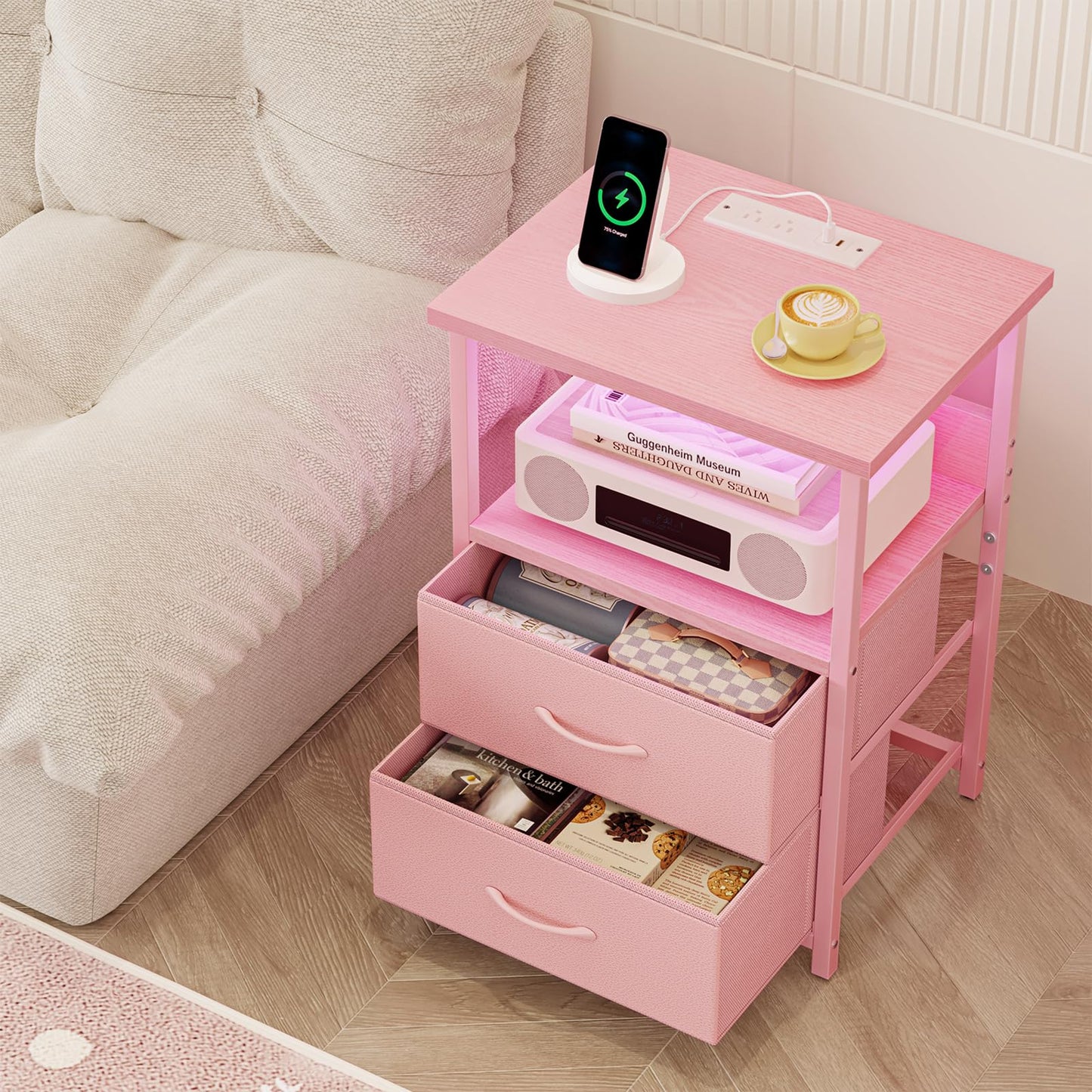 Fixwal Night Stand with Charging Station, LED Nightstand with U-S-B Ports and Outlets, 2 Fabric Storage Drawers with PU Finish, Small Bedside Table, Pink