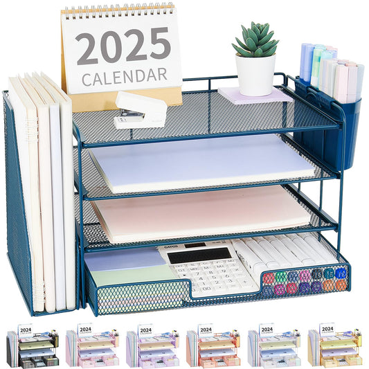 OPNICE Desk Organizer, 4-Tier Desktop File Organizer with Drawer and 2 Pen Holders, Office Desk Accessories, File Sorters, Workspace Organizers for Office Supplies(Dark Blue)