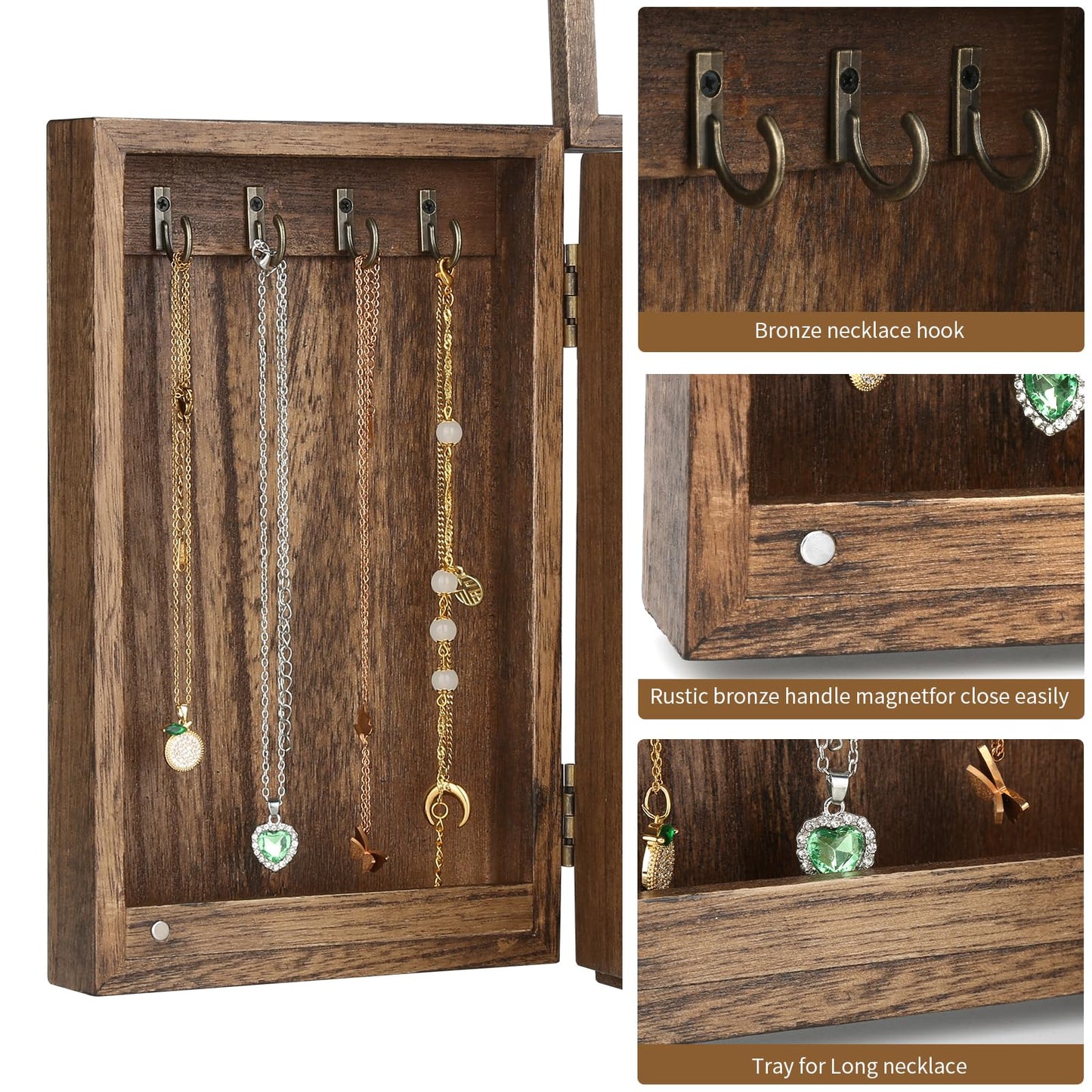Meangood Jewelry Box Wood for Wowen, 5-Layer Large Organizer Box with Mirror & 4 Drawers for Rings, Earrings, Necklaces, Walnut