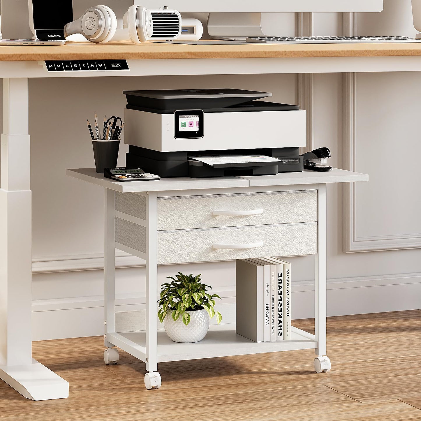 VENNQD Large Printer Stand with Storage Fabric Drawer Under Desk Printer Table with Wheels for Home Office, Printer Cart fit Fax Machine Scanner 23.4"x15.7" (White, 2 Tiers)