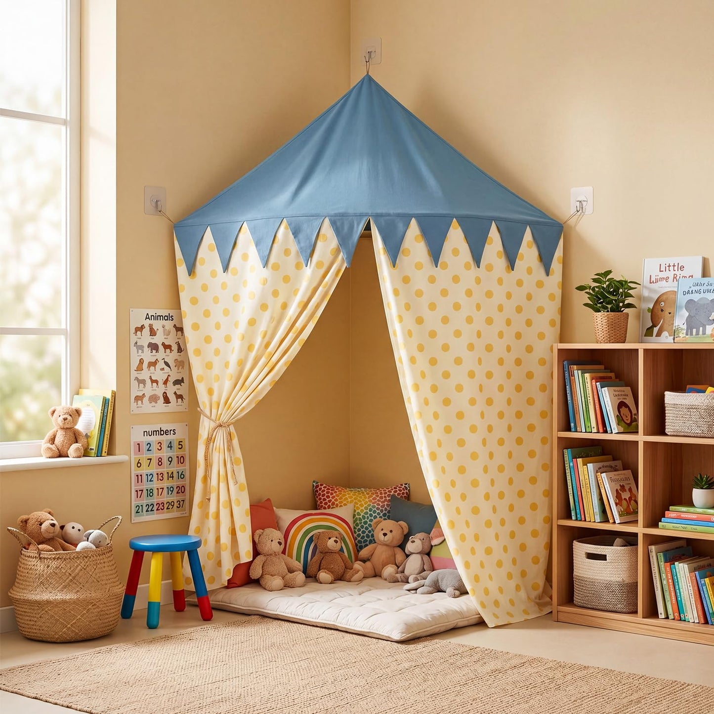 Tigeen Reading Corner Decoration Include Reading Nook Tent with 3 Adhesive Hooks Corner Play Tent Hanging Wall Mounted Canopy with Polka Dot Curtains for Bedroom Nursery Playroom Decoration