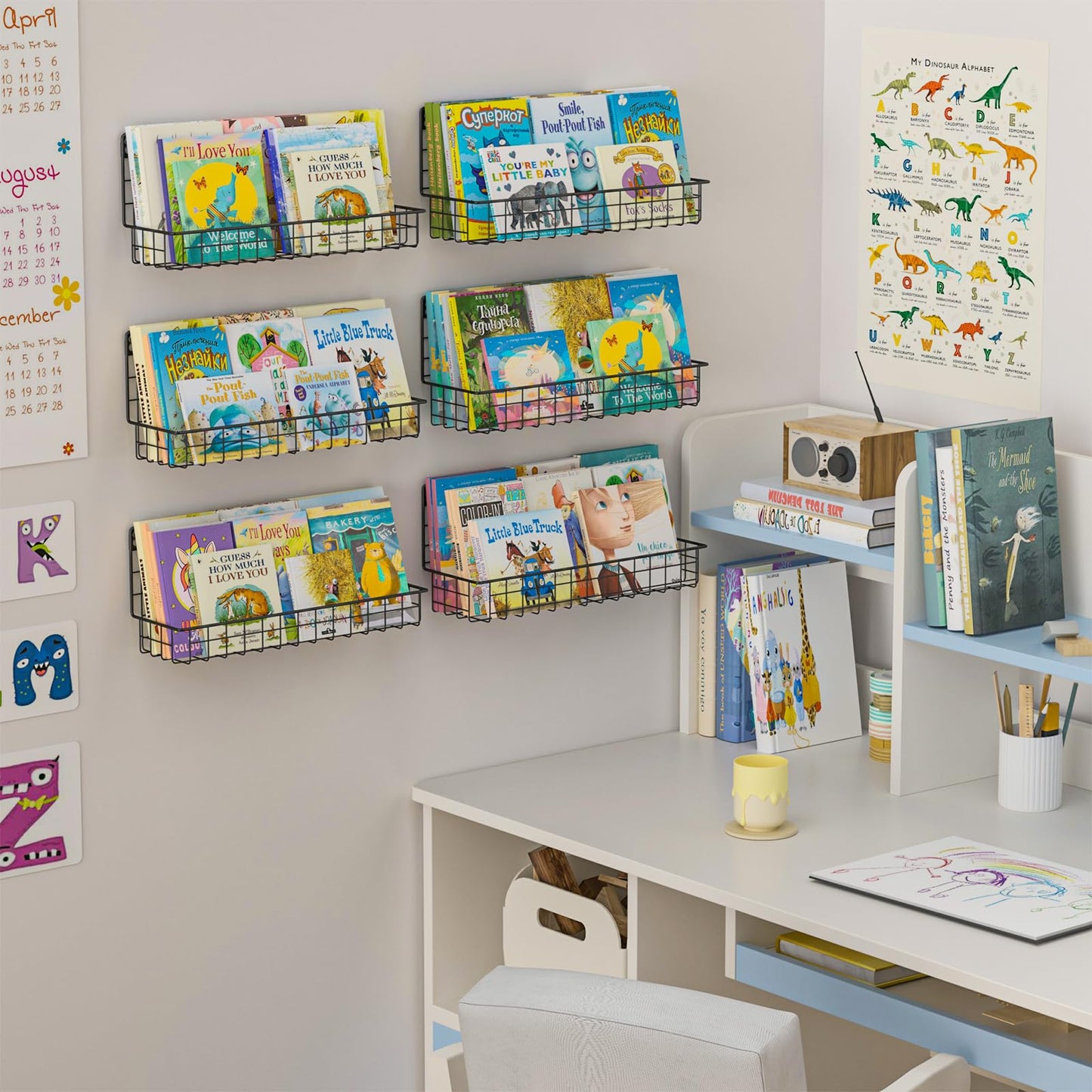 X-cosrack Floating Book Shelves for Wall Kids Bookshelf,Metal Hanging Wall Mounted Shelf for Nursery Toddler, Kids Room, Classroom,Set of 6,Black,2 Sizes