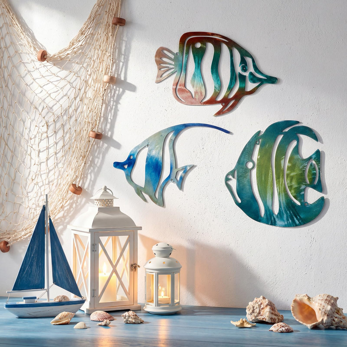 Pelopy 3 Pcs Coastal Tropical Fish Wall Art Rustic Metal Hollowed Coral Wall Decor Ocean Nautical Theme Sign for Beach Theme Bathroom Bedroom Living Room Lake House Summer Home Decoration
