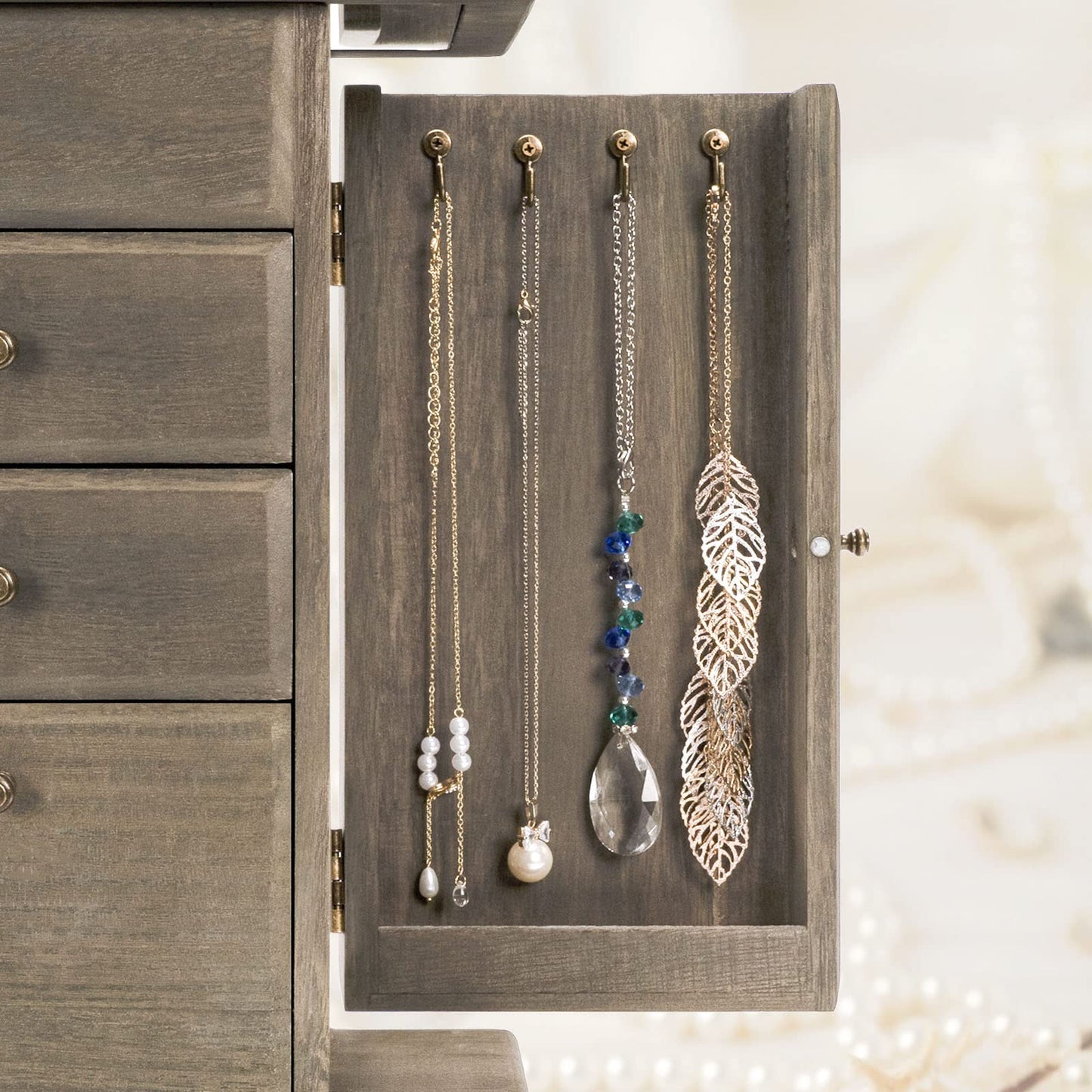 Emfogo Jewelry Box for Women, Rustic Wooden Jewelry Boxes & Organizers with Mirror, 4 Layer Jewelry Organizer Box Display for Rings Earrings Necklaces Bracelets (Weathered Gray)