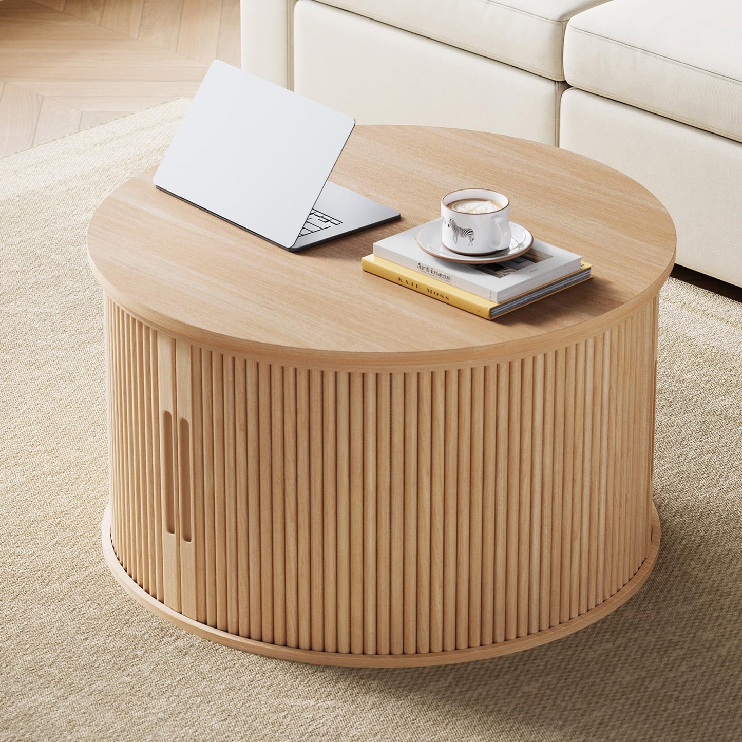 LINSY Lift Top Coffee Table, Round Fluted Coffee Table with Storage, Boho Wooden Coffee Tables with Sliding Tambour Door, 31.5" Center Table for Living Room, Office, Small Space, Natural Oak