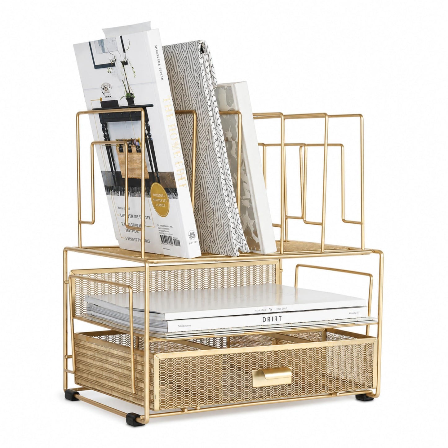 BLU MONACO | Gold Desk Organizer With Drawer | Metal Mesh File Holder & Vertical File Organizer | Desktop Storage for Office Supplies, Papers & Folders | 9.3" D x 13" W x 14" H