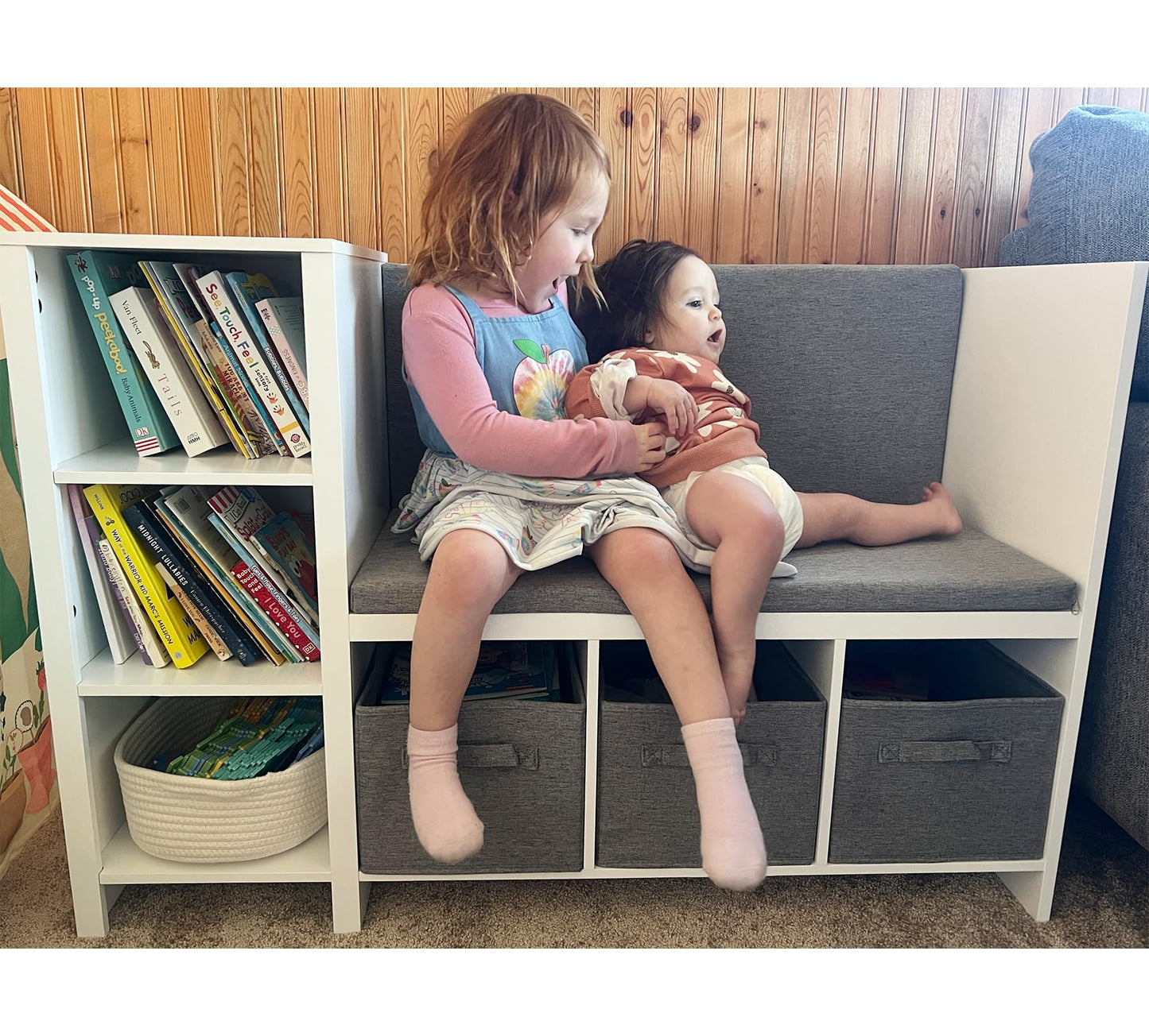 UTEX Kids Reading Nook Bench with Bookshelf, Kids Bookcase and Storage Organizer with Seat Cushion, Reading Bench with Bins for Bedroom & Entryway, White