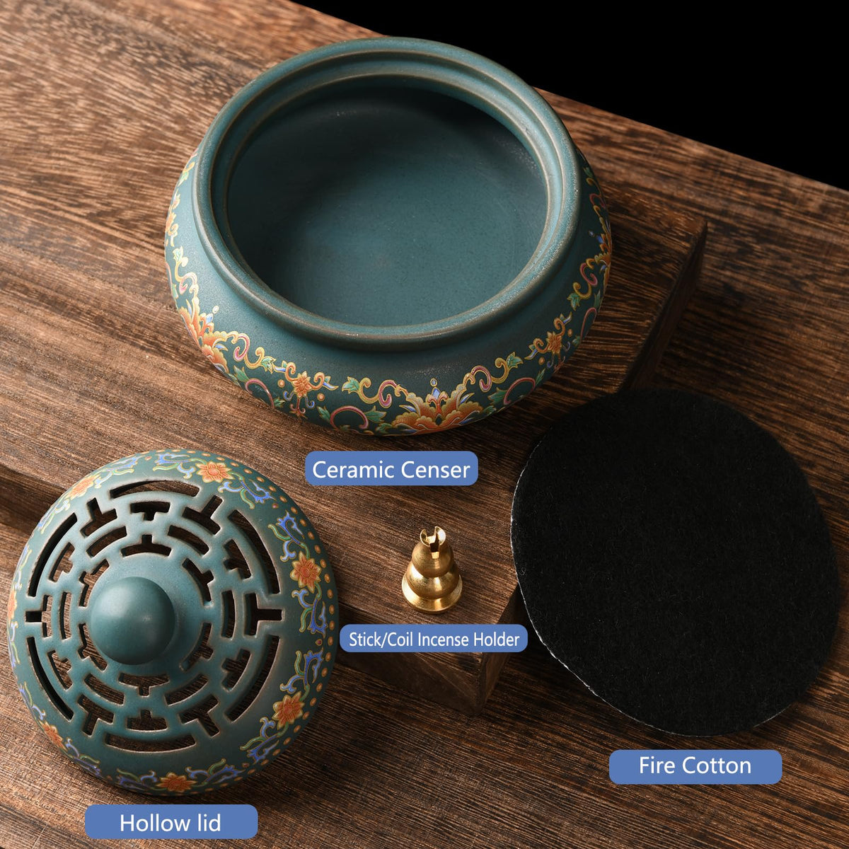 plainele Ceramic Incense Burner with Incense Holder+ Fireproof Cotton,Handmade Smudging Burn Bowl for Stick or Coil Incense,Sage Cones,Frankincense and Mosquito Incense (Enamel)