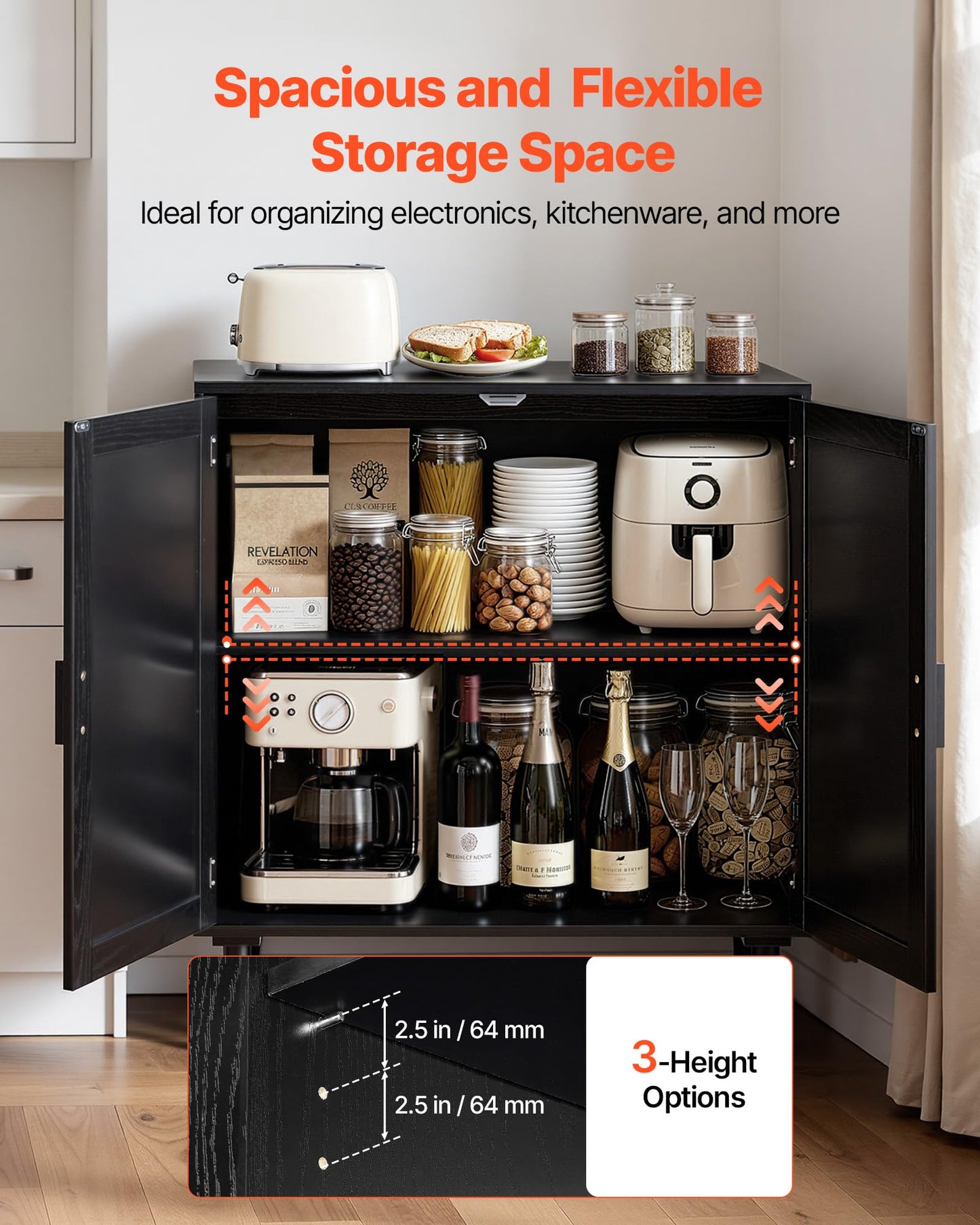 VEVOR Buffet Cabinet, Rattan Sideboard Cabinet with 2 Magnetic Doors and Adjustable Shelves, Accent Sideboard Buffet with Wooden Legs & Power Cord Hole for Hallway, Entryway, Kitchen, Black