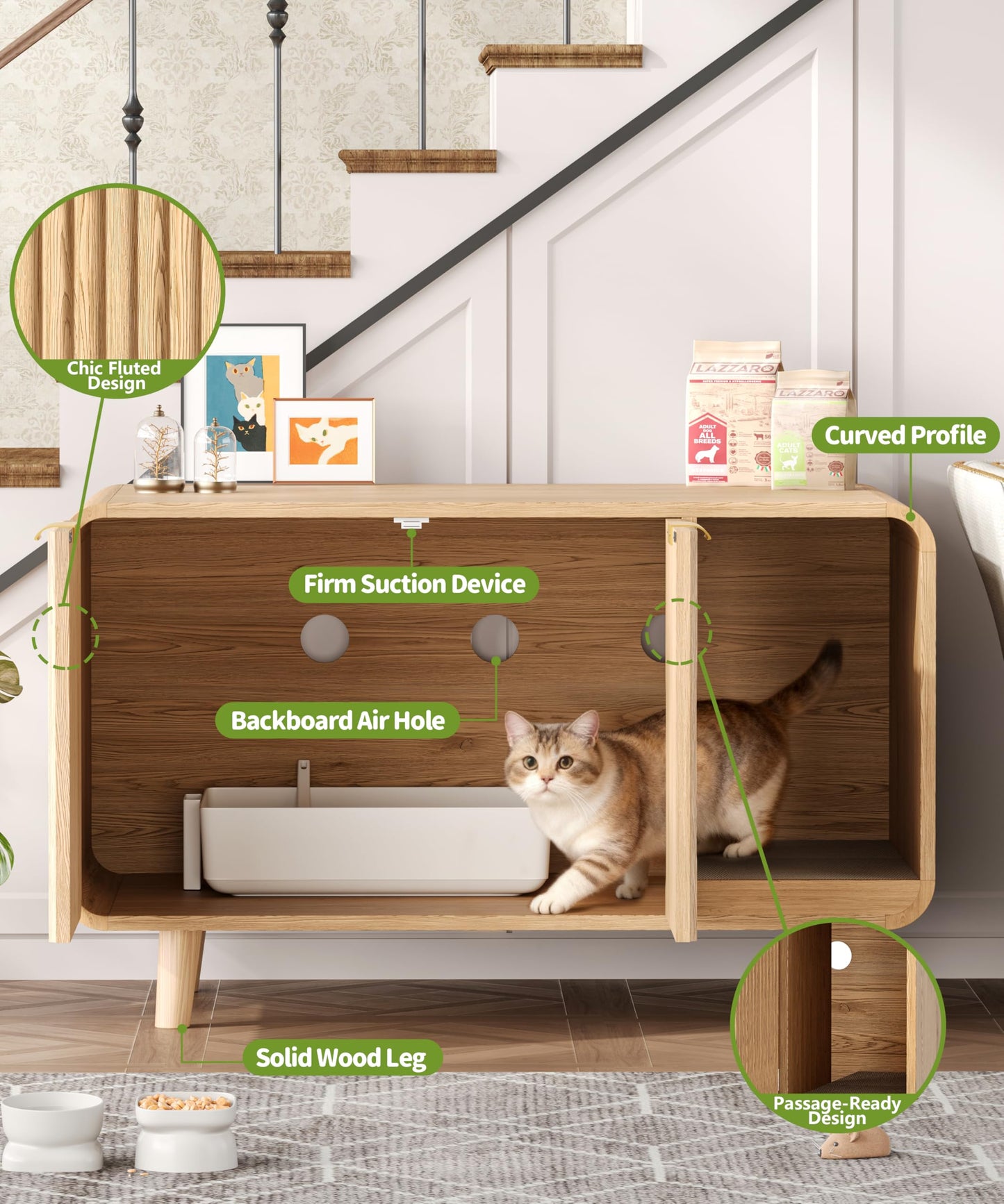 Zeibospri Fluted Cat Litter Box Enclosure with Solid Wood Legs, Hidden Cat Litter Cabinet, Modern Cat House Furniture, Reduce Litter Tracking, 31.5 x 19.7 x 22 Inches, for Living Room, Bedroom, Oak