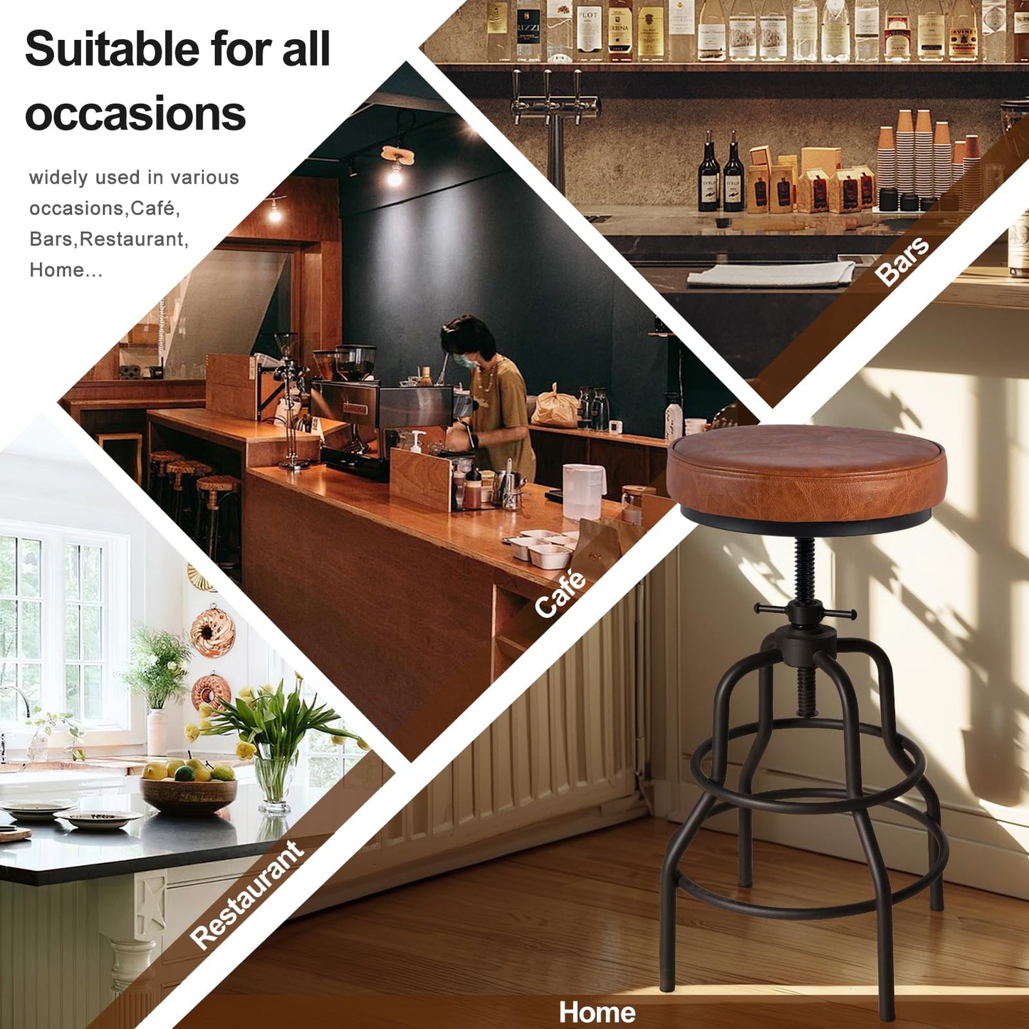 LOKKHAN Industrial Bar Stools-Swivel Leather Metal Bar Stool-20-27 Inch Tall Counter Height-Adjustable Kitchen Stool Dining Chair Cafe Stools (Set of 2)