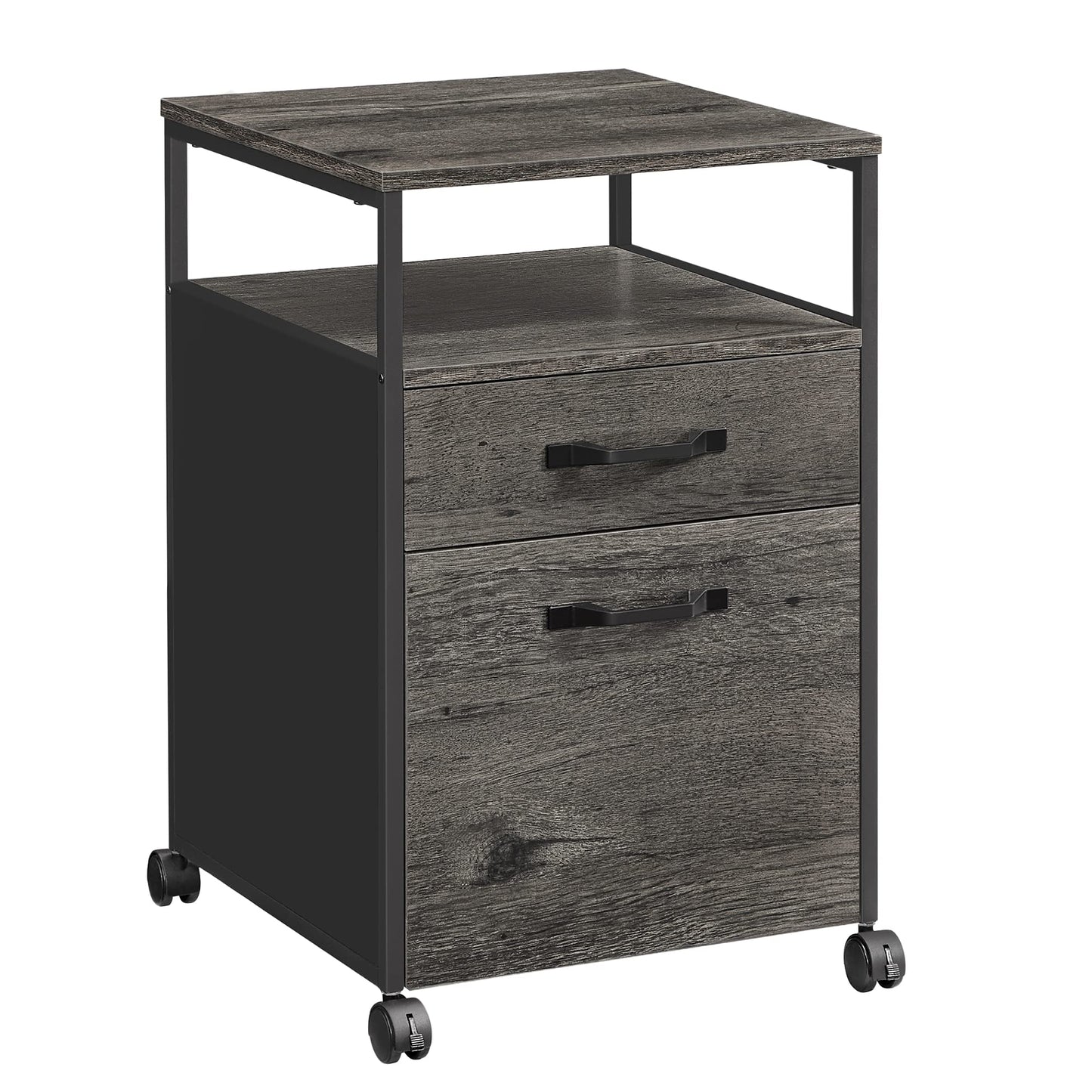 VASAGLE File Cabinet, Mobile Filing Cabinet with Wheels, 2 Drawers, Open Shelf, for A4, Letter Size, Hanging File Folders, Charcoal Gray and Ink Black UOFC071B04