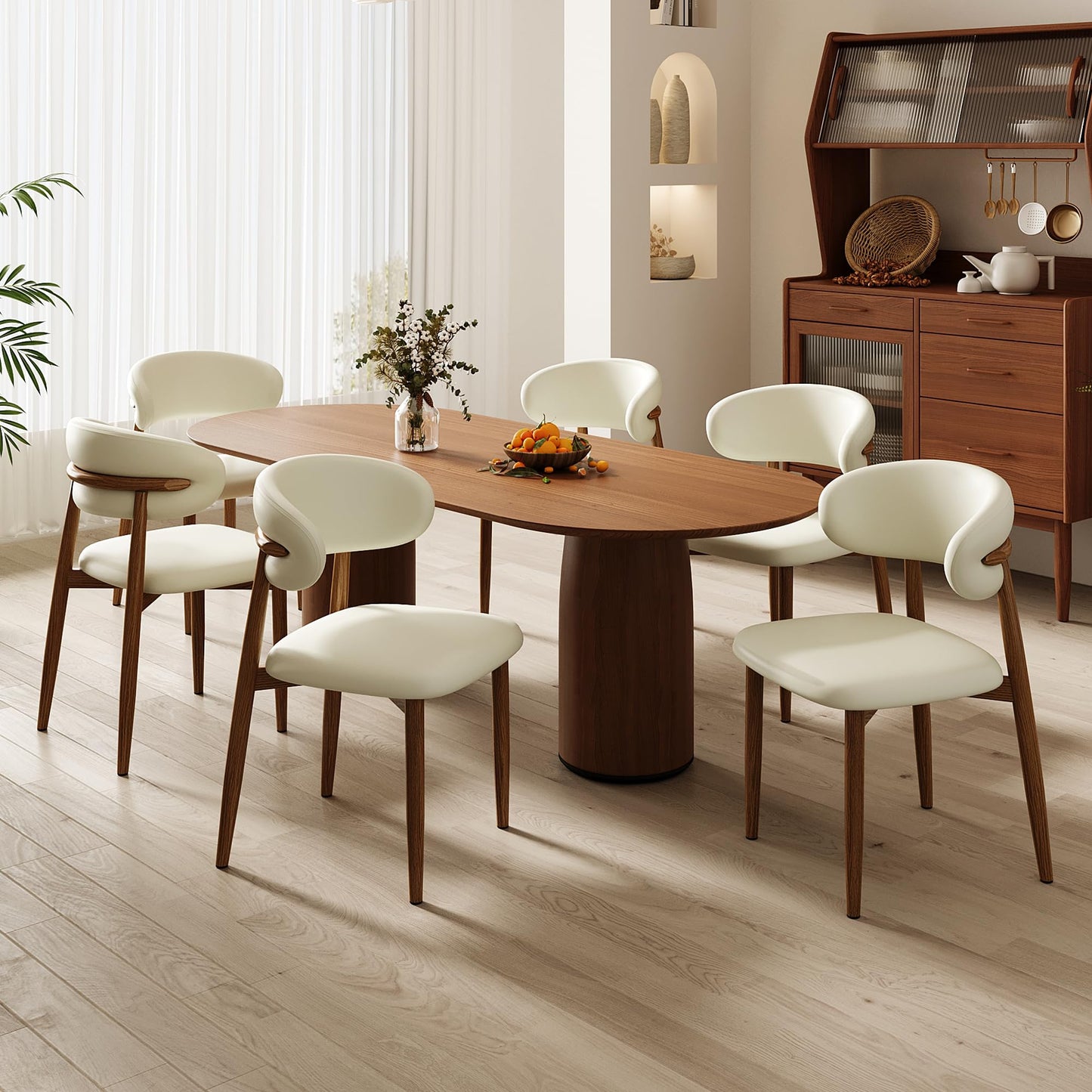 LUCKIIA Dining Chairs Set of 2 for Kitchen Dining Table Mid Century Modern Farmhouse Upholstered Leather Dining Room Chairs with Metal Legs, Walnut Beige