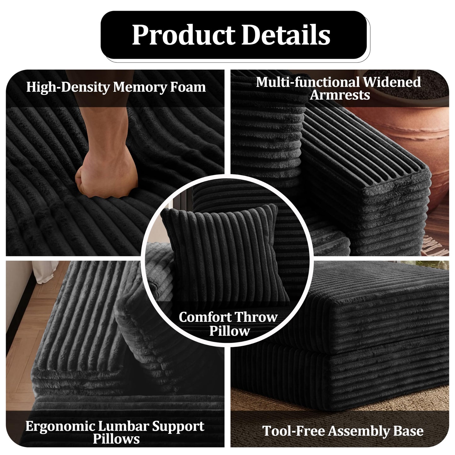 75'' L-Shaped Cloud Modular Sectional Couch with Chaise, Modern Corduroy Memory Foam Sofa Bed, Upholstered Boneless Deep Seat Fluffy Sleeper Sofa, for Living Room, No Assembly Needed (Black)