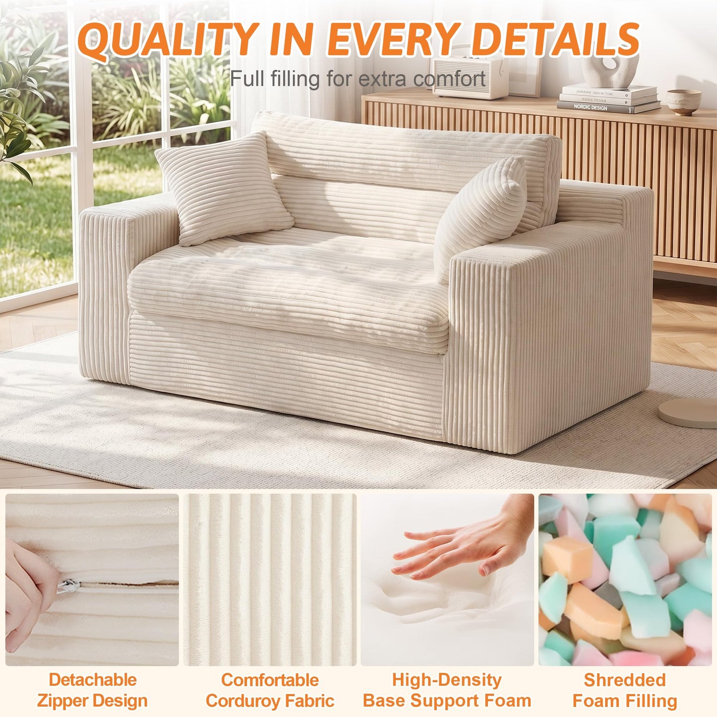 Erament Boneless Loveseat Sofa Couch, 2 in 1 Convertible Sofa Bed with Pillows, Fold Out Bean Bag Chair Boneless Floor Couch for Living Room Bedroom Office Lounge Apartment, No Assembly Needed, Beige