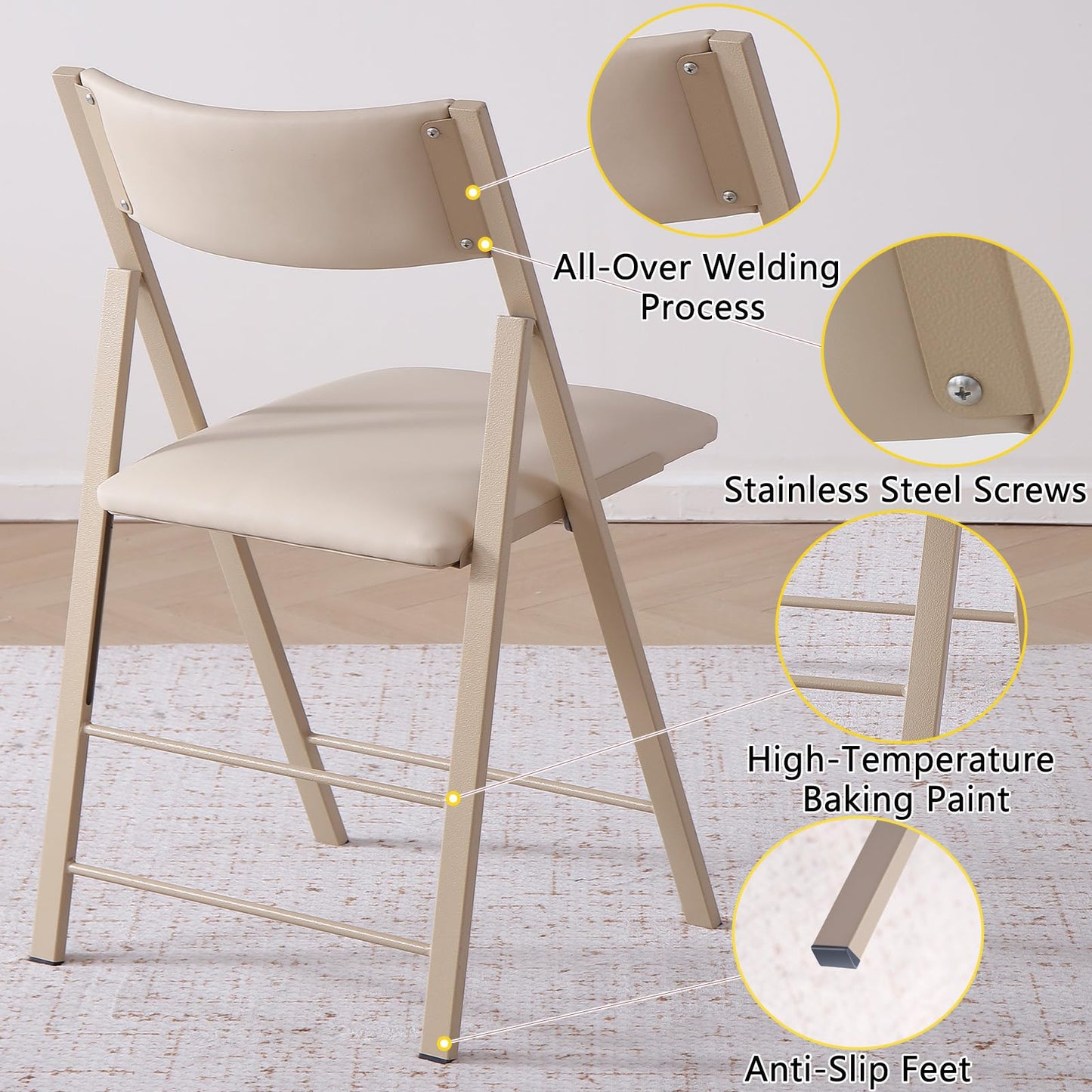 Folding Chairs with Cushion 2 Pack - Heavy Duty Steel Frame Foldable Dining Chairs, Waterproof Leather Indoor Outdoor Comfortable Folding Chairs for Home, Conference Rooms, Weddings, Events (Wood)