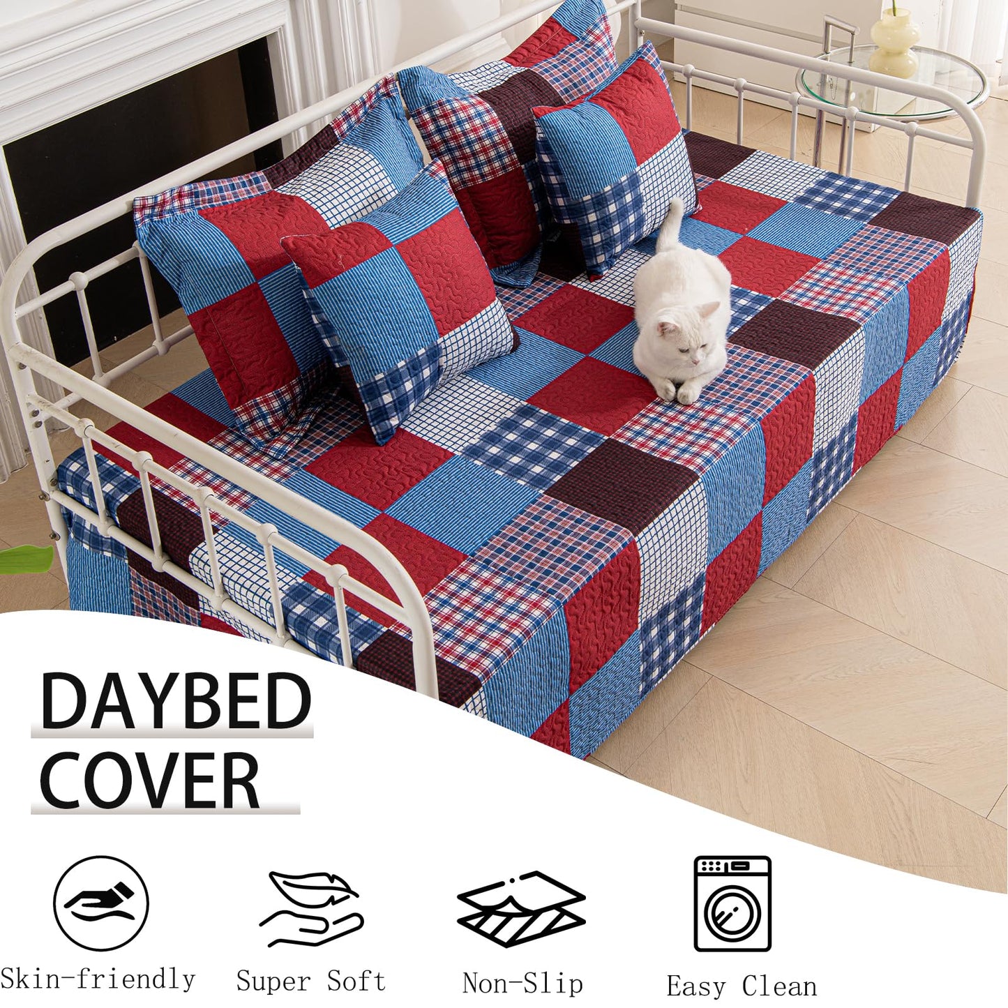 TieyaChkis 5 Piece Plaid Daybed Cover Set Twin Daybed Bedding Sets for All Season Lightweight Plaid Day Bed Comforter with Matching Shams&Decorative Pillows,39"x75"