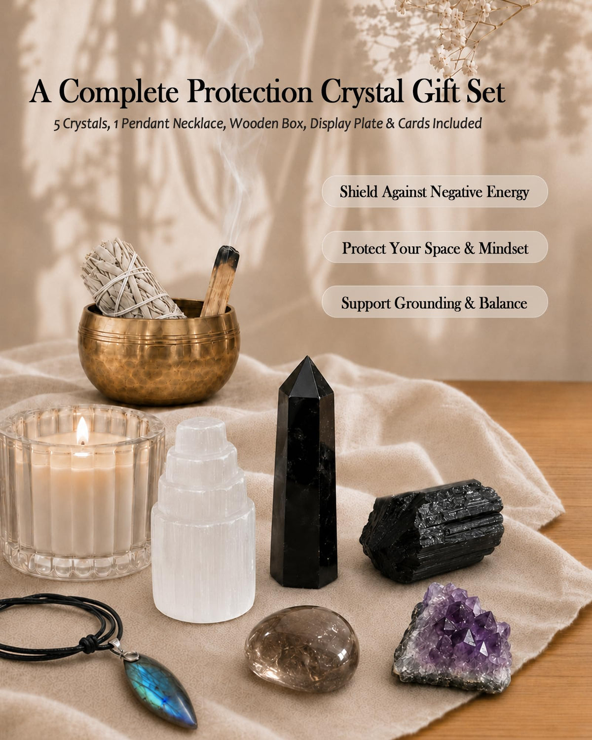 Protection Crystals and Healing Stones Gift Set — Black Tourmaline, Obsidian, Selenite, Labradorite Necklace, Smoky Quartz, Amethyst for Negative Energy & Spiritual Cleansing, Wooden Gift Box