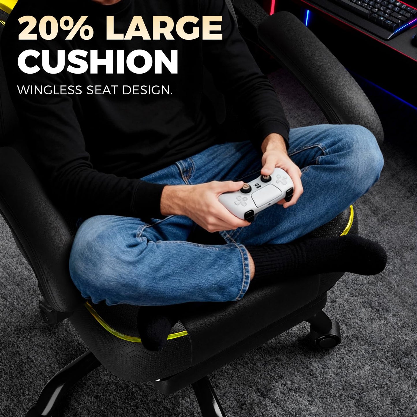 GTPLAYER Big and Tall Gaming Chair for Adults, Ergonomic Office Chair with Footrest, Heavy Duty 350 lbs Capacity, High Back, Premium Leather & Iridescent Trim, ACE-Armor, Yellow (Iridescent)