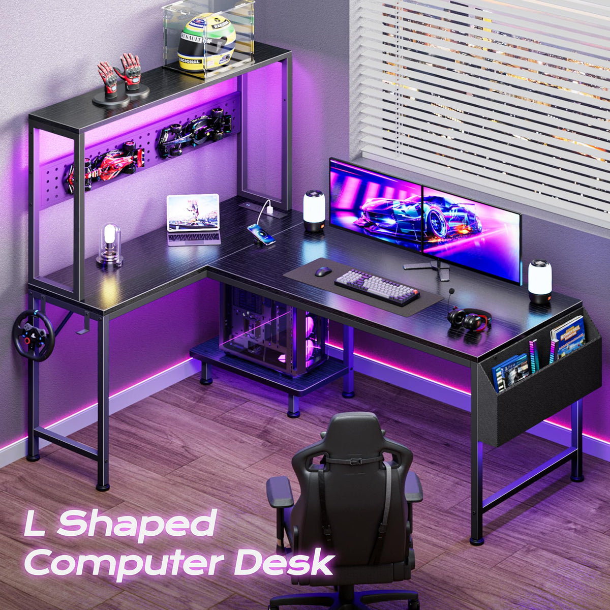 PRAISUN 51.2" L Shaped Gaming Desk with Power Outlets & USB-C Port, LED Lights, Computer Desk with Pegboard, Corner Desk with Storage Shelves & Bag, Office Desk with CPU Stand for Home Office, Black