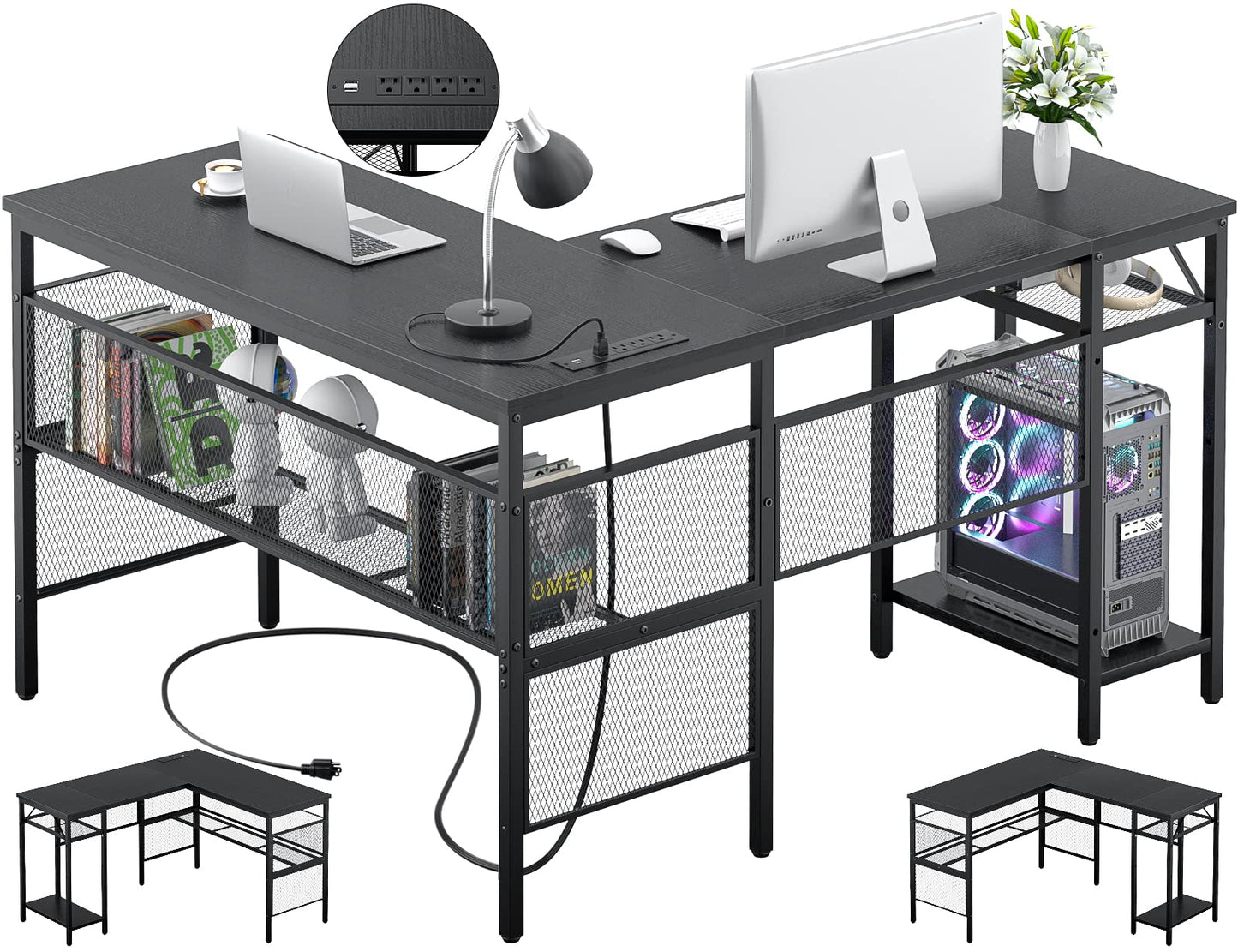 Unikito L Shaped Desk with USB Charging Port and Power Outlet, Reversible L-Shaped Corner Computer Desk with Storage Shelves, Industrial 2 Person Long Gaming Table Modern Home Office Desk, Dark Black