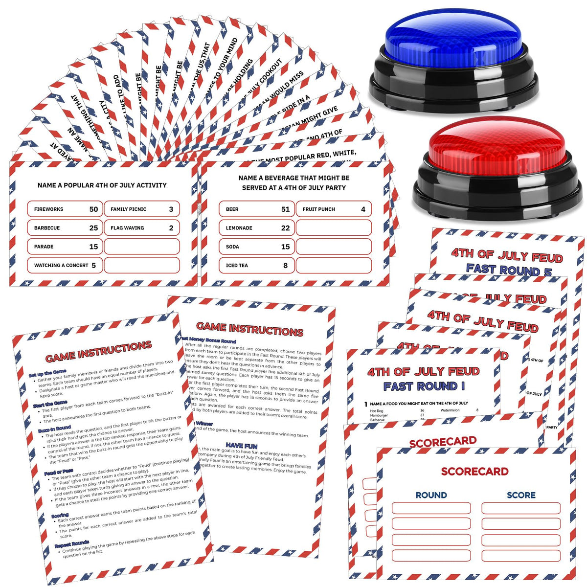 Humyoun 4th of July Friendly Feud Game with 2 Answer Buzzers, Independence Day Feud Cards for Family Game Night Fun Trivia Quiz for Party Office Class Groups Team Building (Red White Blue, Patriotic)