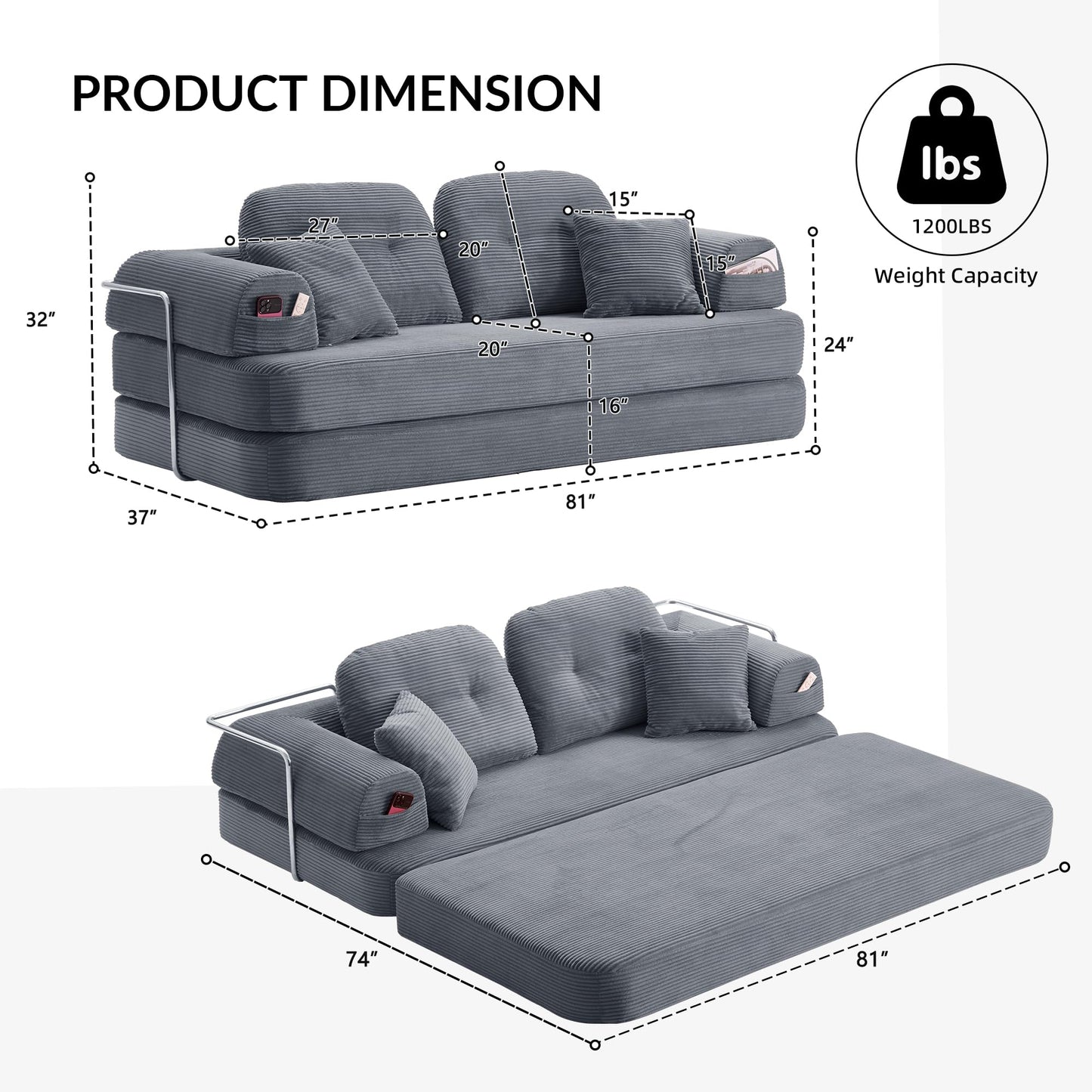 YasuSoofa Boneless Floor Sofa, 3-in-1 Convertible Loveseat Sleeper Futon, Modular Small Space Sofa Bed with High Headrests & Side Storage Pockets for Living Room, No Assembly, Bedroom, Apartment