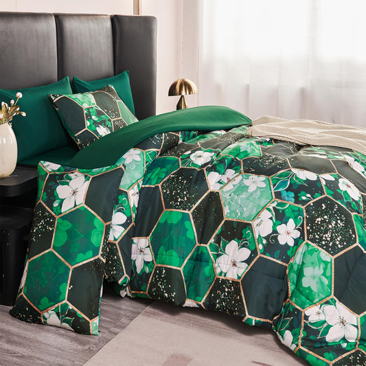ZRNBAST Emerald Green Queen Size Comforter Set, 7 Pieces Bed in a Bag, Soft Microfiber Floral Bedding Sets, Geometric Bed Set with Sheets All Season(Green Floral,Queen)