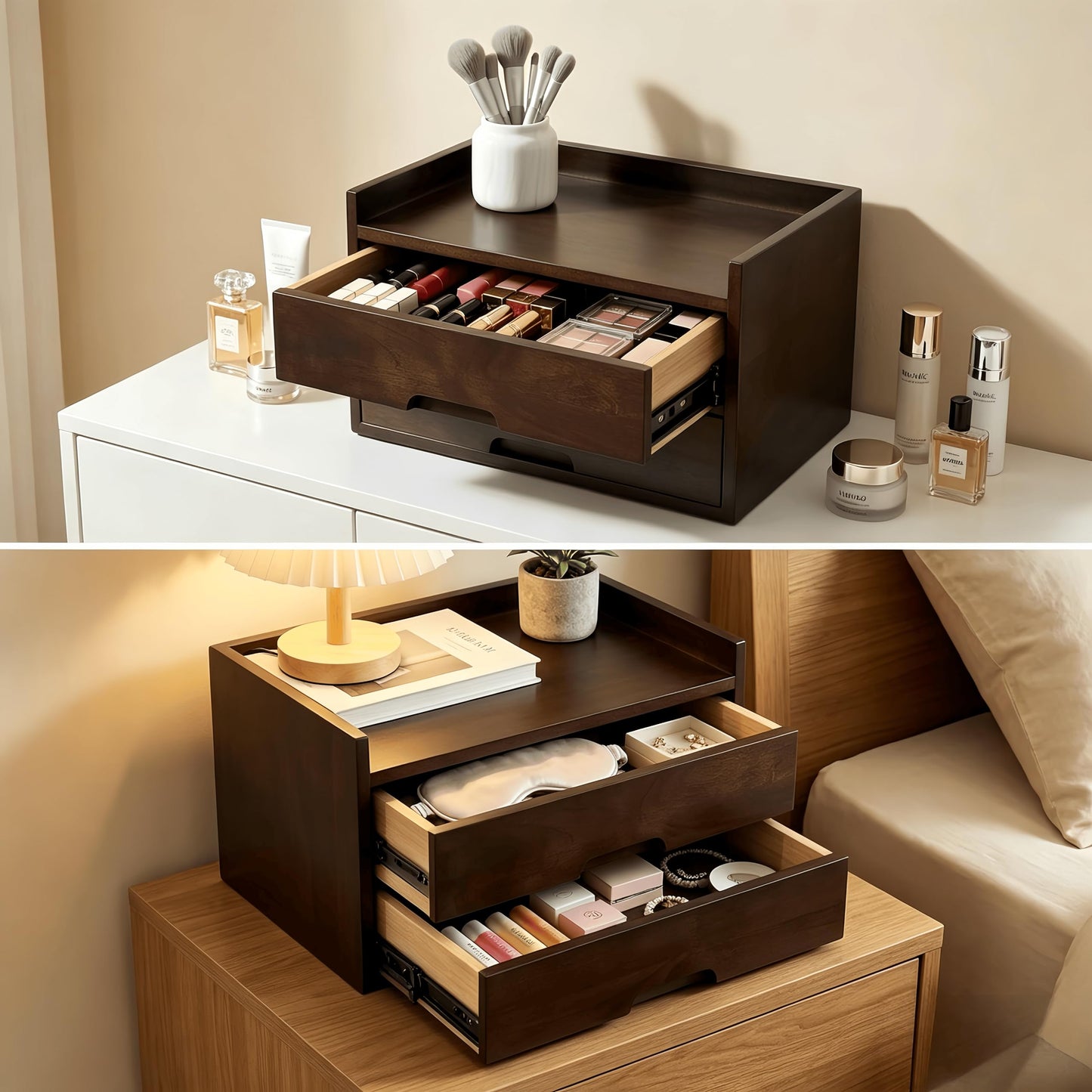 Gphudpzdl Solid Wood Desk Organizer with Drawers, Wooden Desk Storage Organizer with Smooth Slides, Filing A4 Paper File Organizer for Home Office, Bedroom & Makeup, Fully Assembled, Walnut Finish