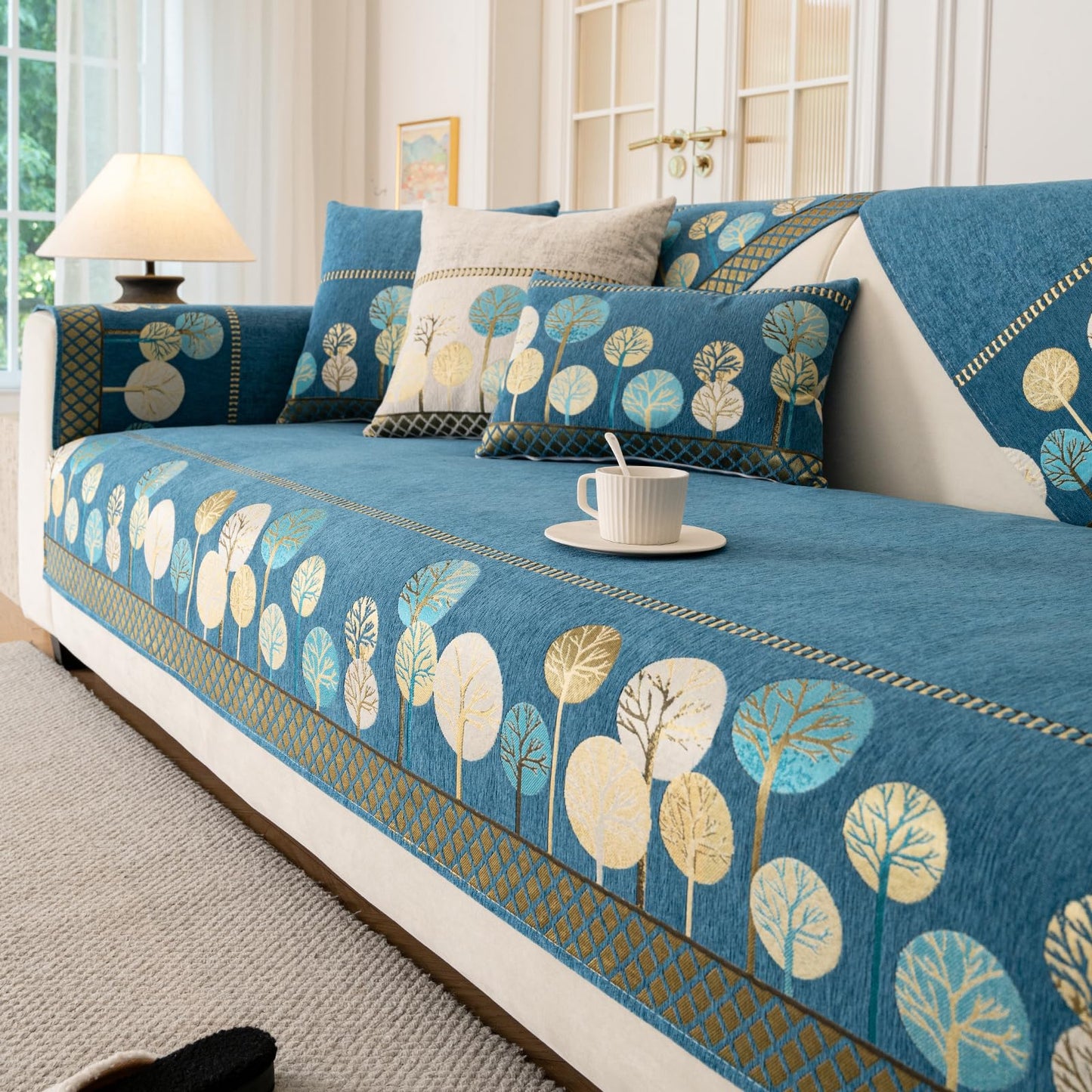 tianxinbaobei Boho Couch Cover, Non Slip Washable Sofa Covers, Chenille Couch Covers Quilted, Bohemian Sofa Slipcovers, Furniture Protector for Armrest and Backrest(Blue,28"x28",1pc)